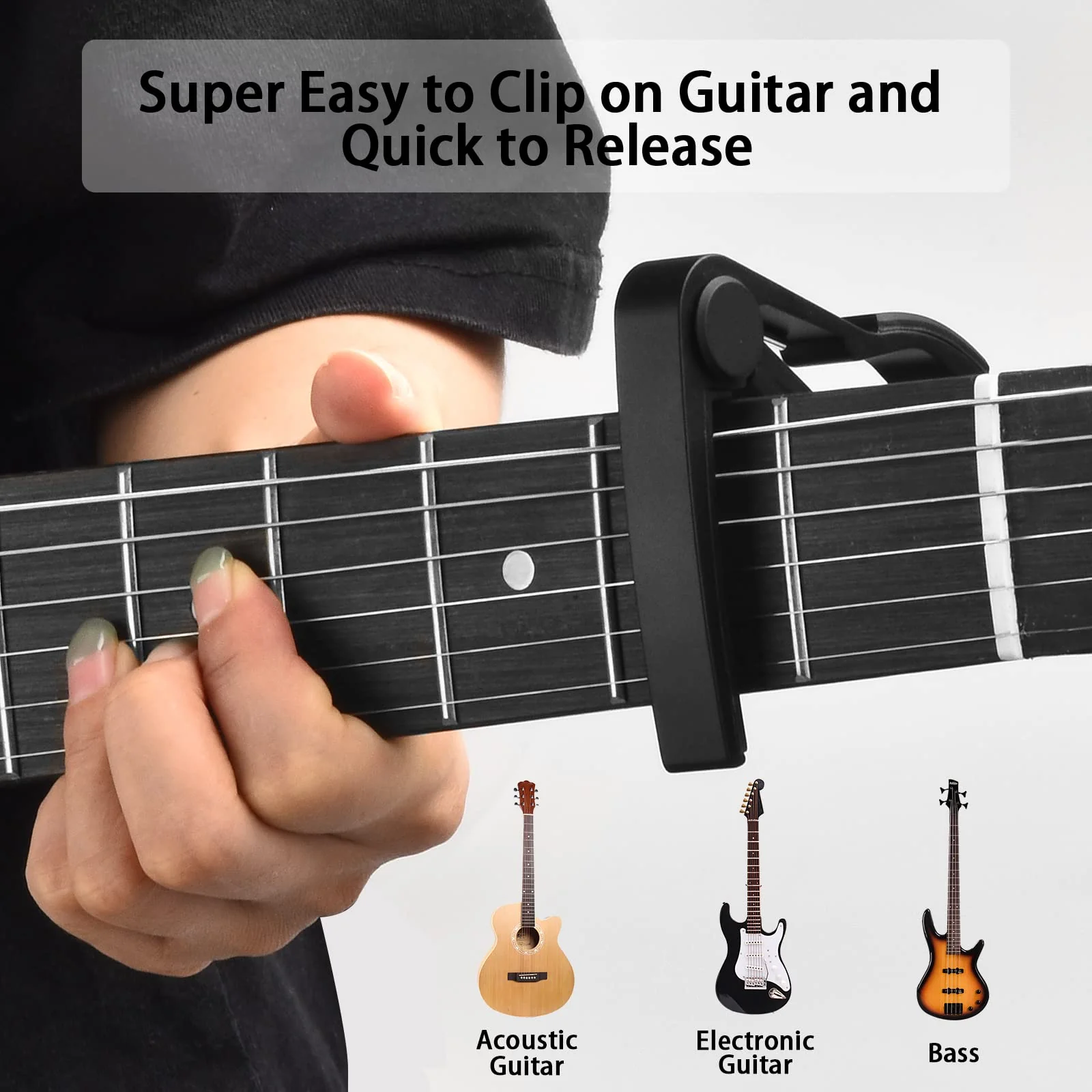 Guitar Tuner, Guitar Accessories with Guitar Picks, Guitar Capo, Capo for Acoustic Guitar, Bass, Buzzing-Free, Quick Release, Guitar Tuner Clip on for Guitar, Violin, Bass, Ukulele Chromatic Black - Image 2
