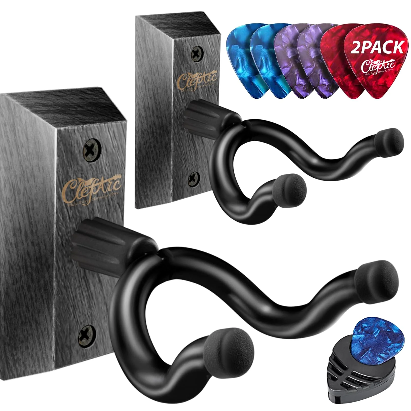 Guitar Wall Mount - 2 Pack Black Guitar Wall Hangers, Guitar Picks, Pick Holder, Guitar Accessories, U-Shape Hardwood Guitar Hanger, Gifts for Guitarists, with 6 Assorted Guitar Picks Black 2 Pack