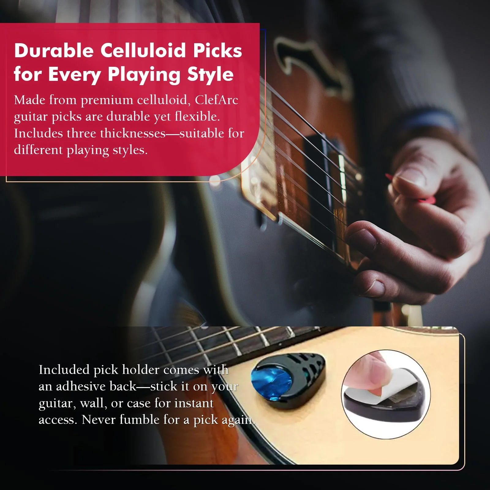 Guitar Wall Mount - 2 Pack Black Guitar Wall Hangers, Guitar Picks, Pick Holder, Guitar Accessories, U-Shape Hardwood Guitar Hanger, Gifts for Guitarists, with 6 Assorted Guitar Picks Black 2 Pack - Image 5