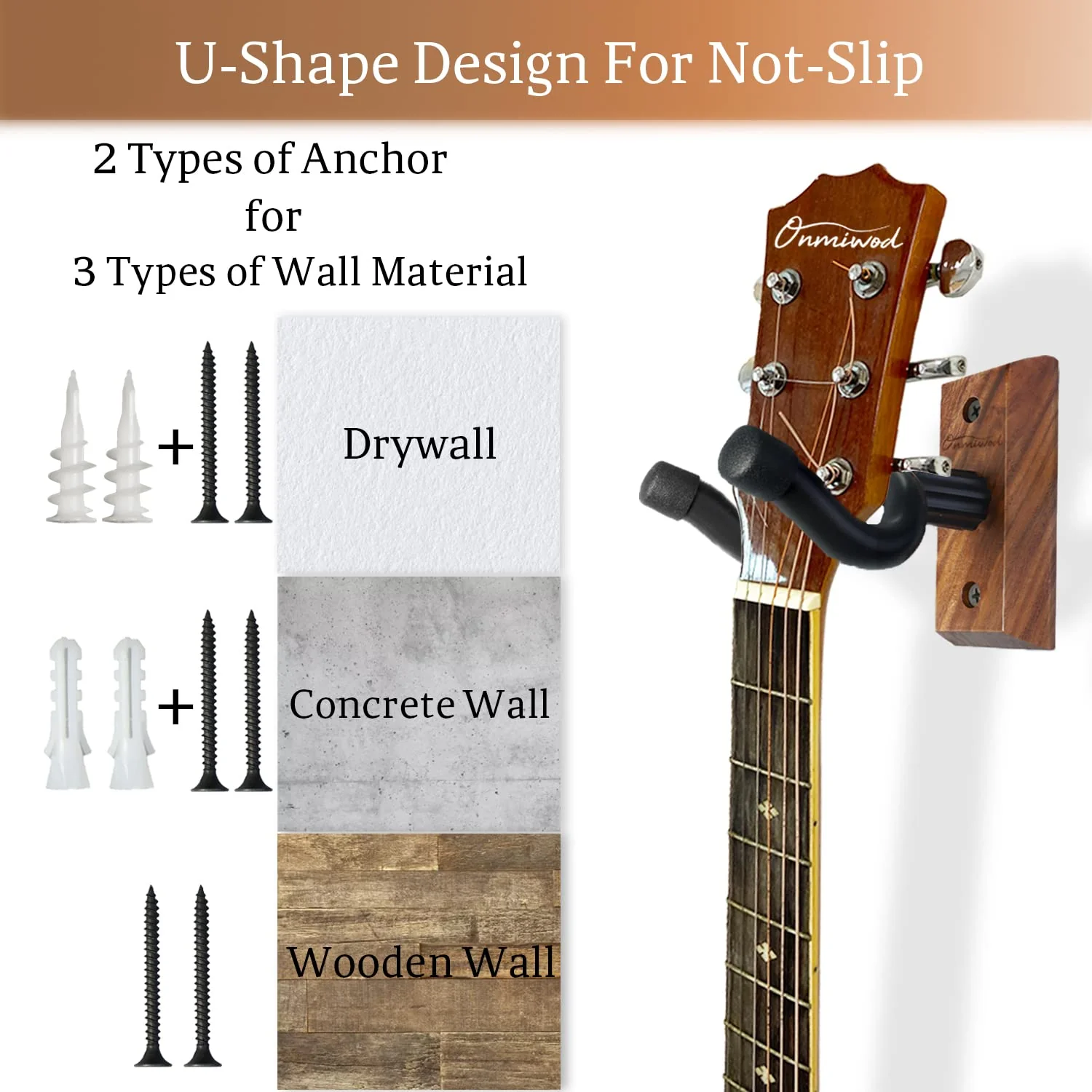 Guitar Wall Mount, Black Walnut Wood Guitar Hanger, U-Shaped Guitar Wall Hanger Mount, Guitar Holder Hook Stand Wall for Acoustic, Electric Guitar, Banjo, Bass, for Guitar Player Men Boy - Image 3