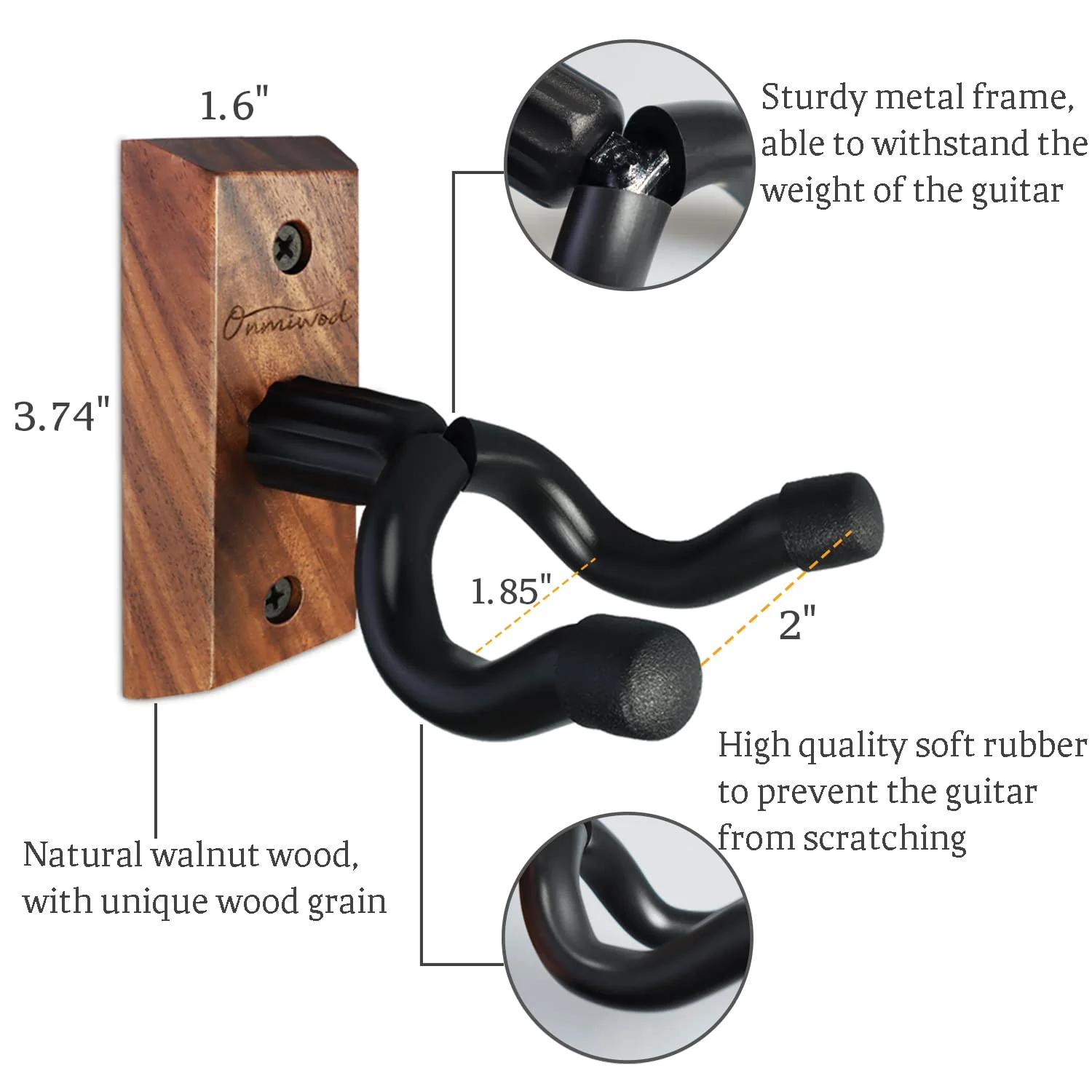 Guitar Wall Mount, Black Walnut Wood Guitar Hanger, U-Shaped Guitar Wall Hanger Mount, Guitar Holder Hook Stand Wall for Acoustic, Electric Guitar, Banjo, Bass, for Guitar Player Men Boy - Image 5