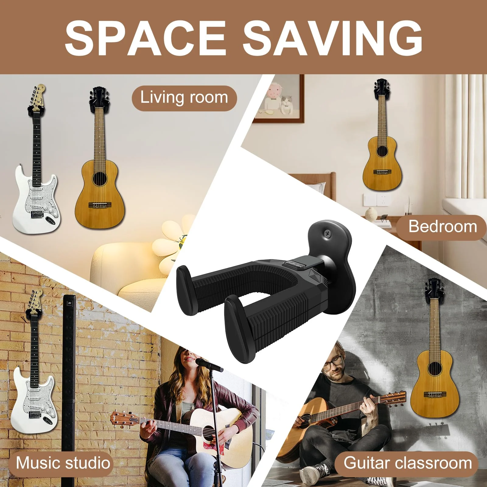Guitar Wall Mount Hanger 2 Pack, Auto Locking Holder Hangers Hook for Acoustic, Electric, Bass, Banjo, Mandolin Stand Wall, Gift for Guitar Player, Guitar Accessories Metal 2 Pack - Image 6