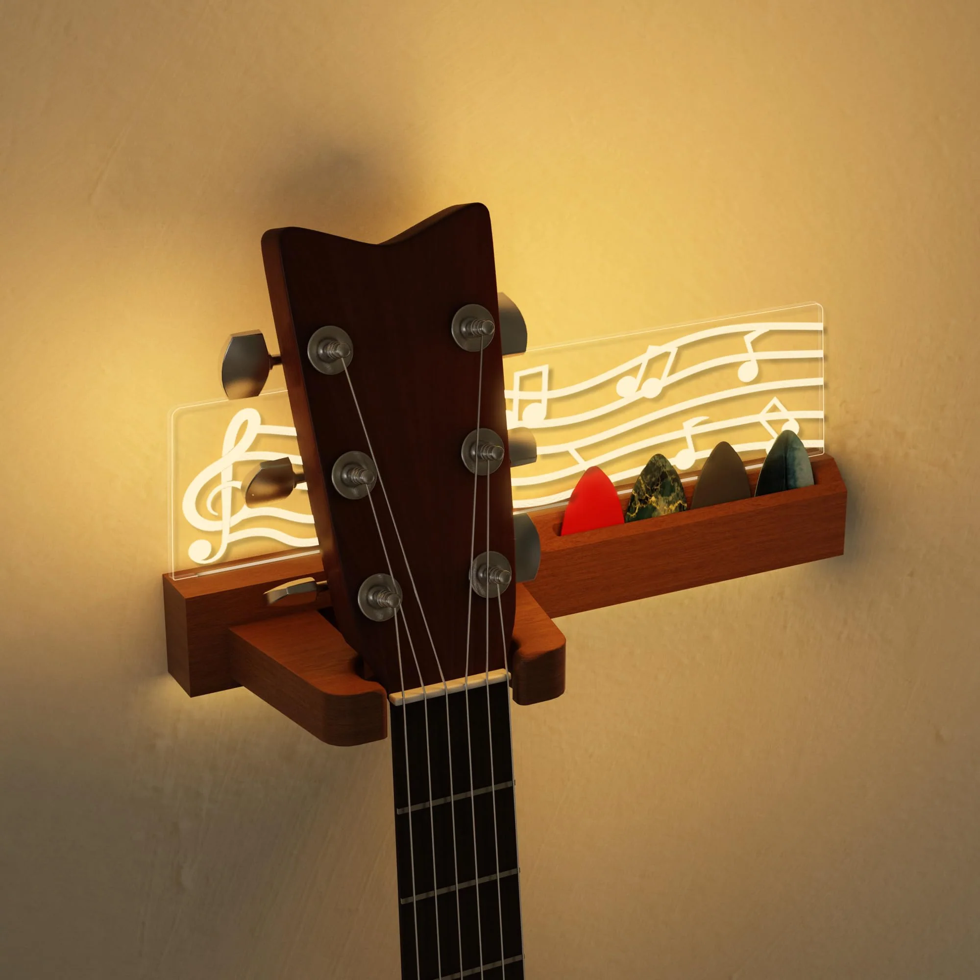 Guitar Wall Mount Stand with LED Lights - Solid Wood & Acrylic USB-Powered Guitar Accessories - Gift for Men, Guitar Players, Music Lovers (for Acoustic, Electric Bass, Ukulele) Warm yellow music note