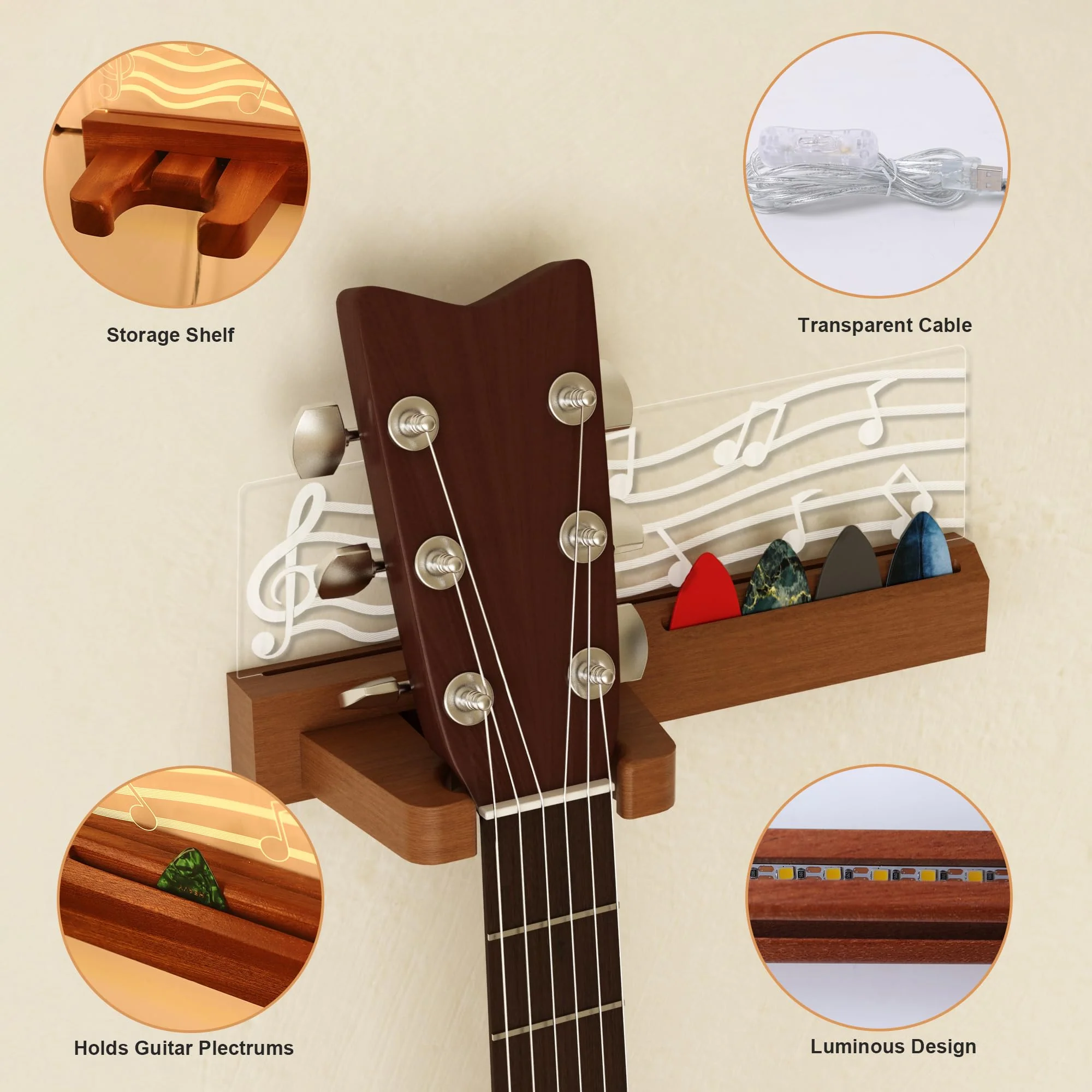 Guitar Wall Mount Stand with LED Lights - Solid Wood & Acrylic USB-Powered Guitar Accessories - Gift for Men, Guitar Players, Music Lovers (for Acoustic, Electric Bass, Ukulele) Warm yellow music note - Image 3
