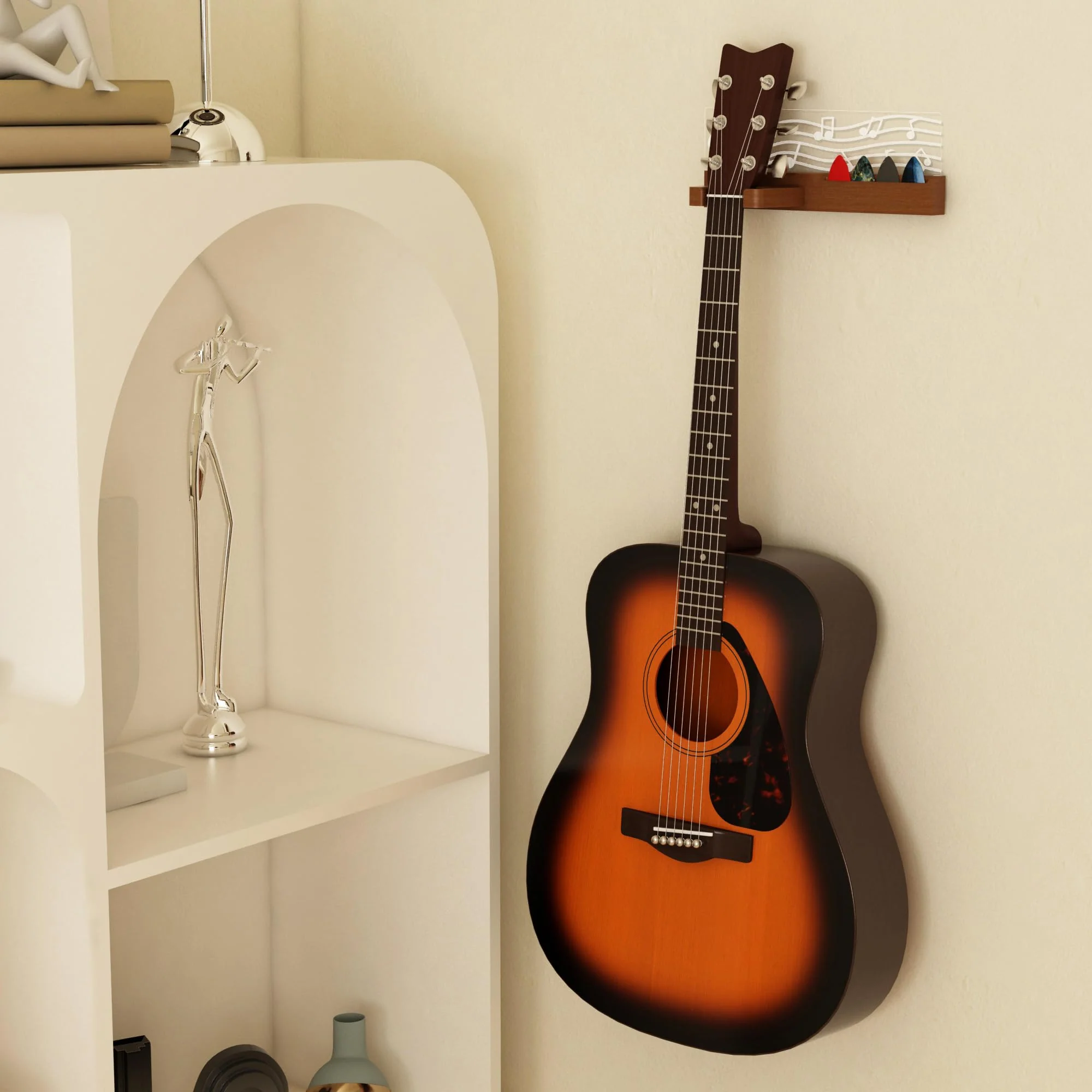 Guitar Wall Mount Stand with LED Lights - Solid Wood & Acrylic USB-Powered Guitar Accessories - Gift for Men, Guitar Players, Music Lovers (for Acoustic, Electric Bass, Ukulele) Warm yellow music note - Image 4