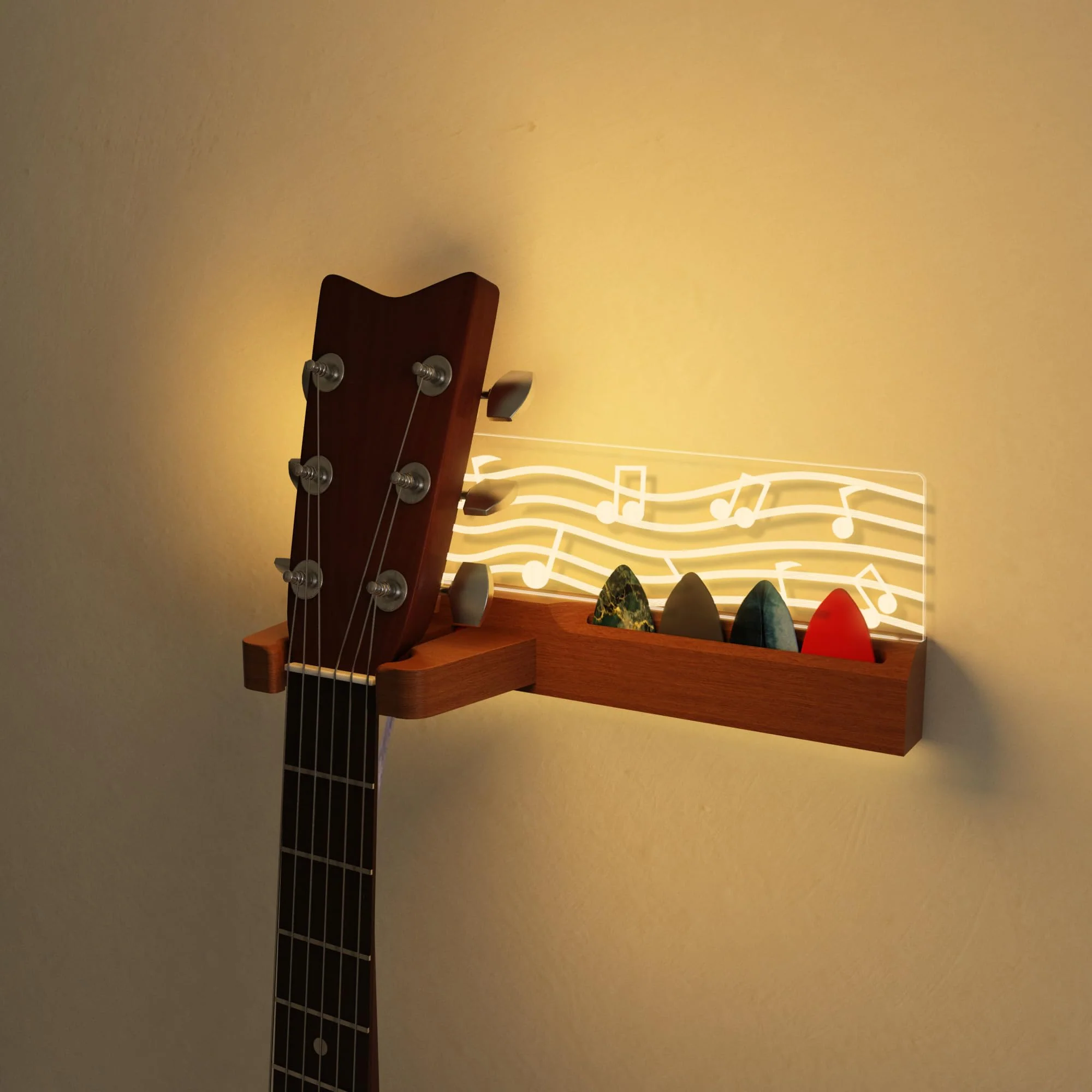Guitar Wall Mount Stand with LED Lights - Solid Wood & Acrylic USB-Powered Guitar Accessories - Gift for Men, Guitar Players, Music Lovers (for Acoustic, Electric Bass, Ukulele) Warm yellow music note - Image 6