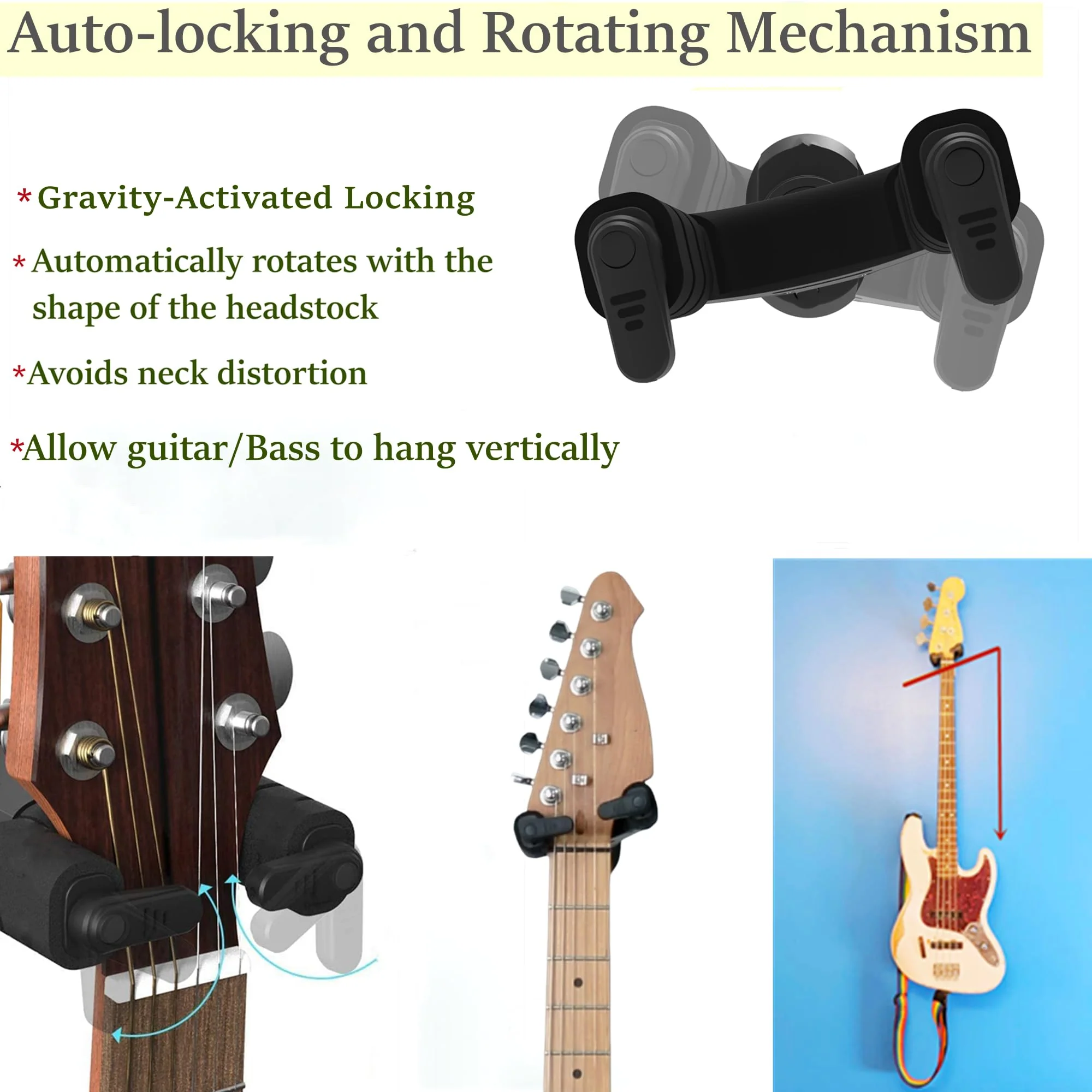 Guitar Wall Mount with Auto-Lock & Auto-Rotate Mechanism | 10KG+ Heavy Duty | Universal Mount for All Headstock/Neck Widths, Classical, Acoustic, Electric Guitars, Bass, etc(Wood Red) Wood Red - Image 3