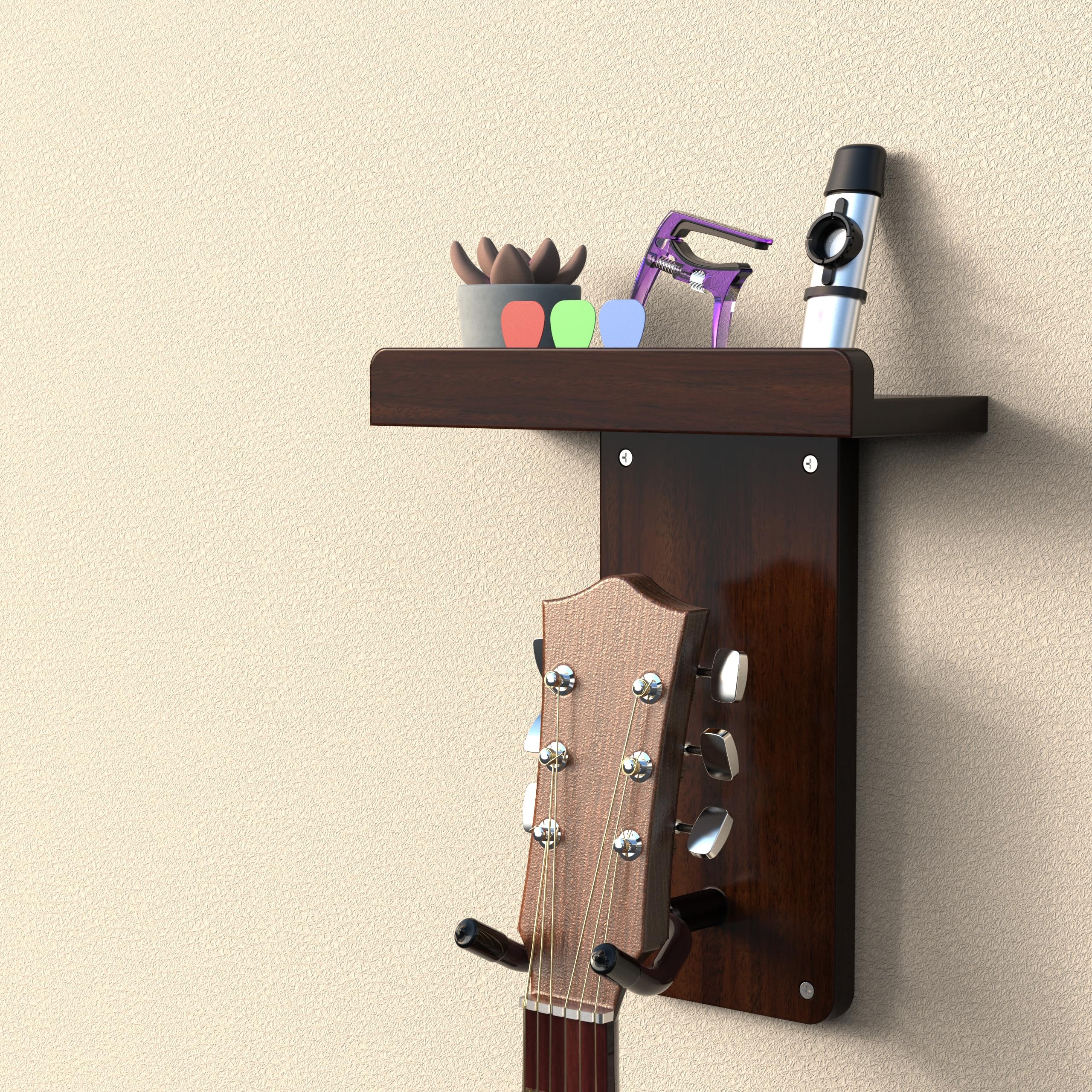 Guitar Wall Mount Wood Hanger Oak Deep Wood Grain Color with Picks Holder Safe and Sturdy Wall Guitar Rack for Acoustic Electric Ukuleles Bass Mandolin Art Display