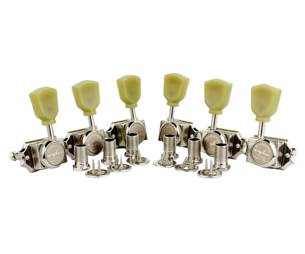 Guyker 6Pcs Guitar Locking String Tuning Pegs (3R + 3L) – 1:15 Vintage Deluxe Style Tuners Key Machine Heads Set with Keystone Knob Replacement for Les Paul Style Electric or Acoustic Guitar - Nickel