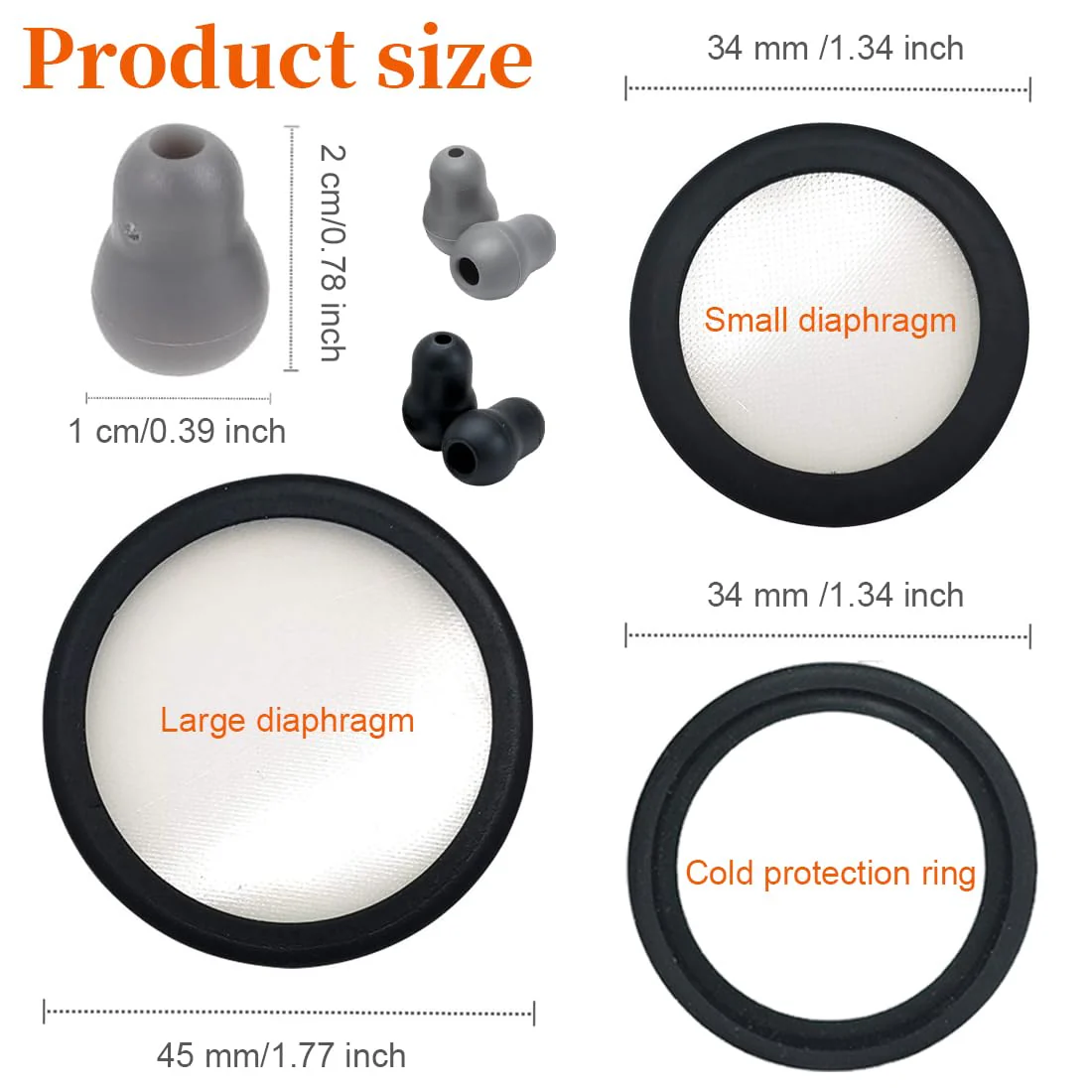 GXGM 1 Set Suitable for Littmann Stethoscope Replacement Parts, Littmann Membrane, Large and Small Suspension Membrane + Non-Slip Ring Set, 2 Pairs of Silicone Stethoscope Earplugs (Black, Grey) - Image 2