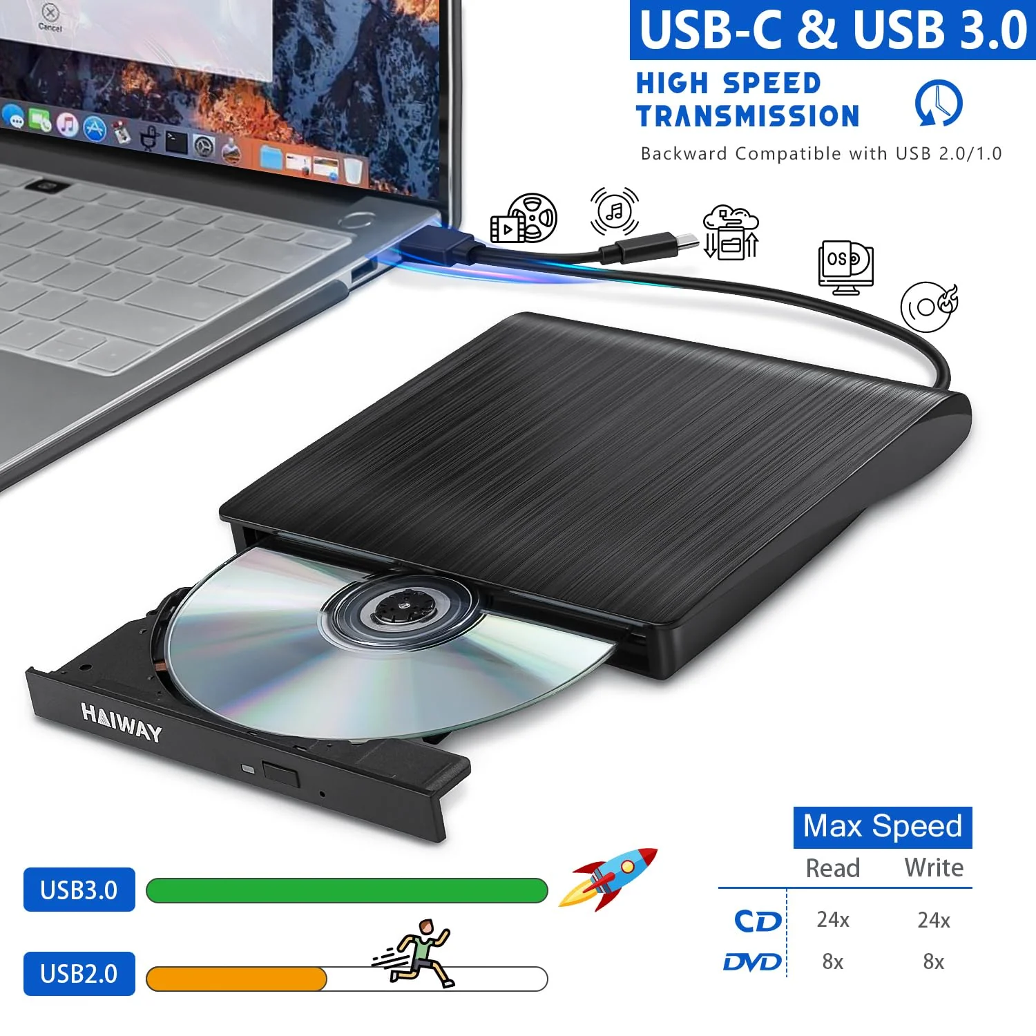 Haiway External DVD Drive, USB 3.0 Type-C CD Burner Portable CD DVD +/-RW Optical Drive Slim CD DVD ROM Rewriter CD/DVD Player Writer Reader for Laptop Desktop MacBook PC Windows Linux Mac OS (Black) USB 3.0 USB-A & USB-C BK - Image 2
