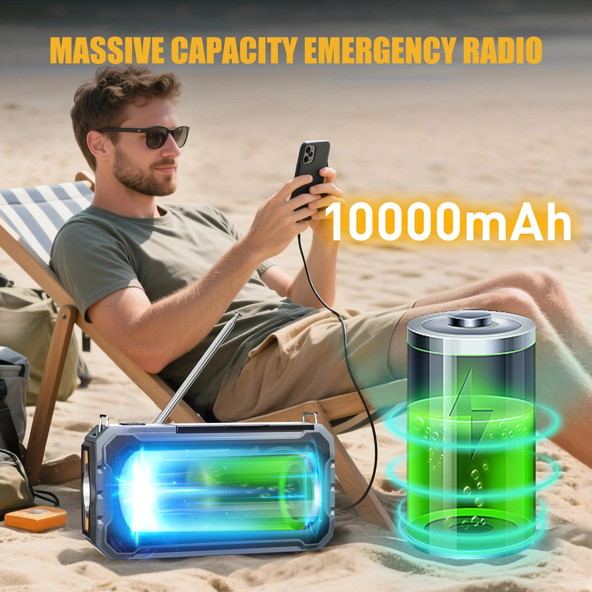 Hand Crank Emergency Radio, 10000mAh Weather Radio with AM/FM/NOAA, Solar Prower, SOS Alarm, Phone Charging, LED Flashlight, Portable Survival Gear for Outdoor & Home Emergencies Kits, Grey - Image 5