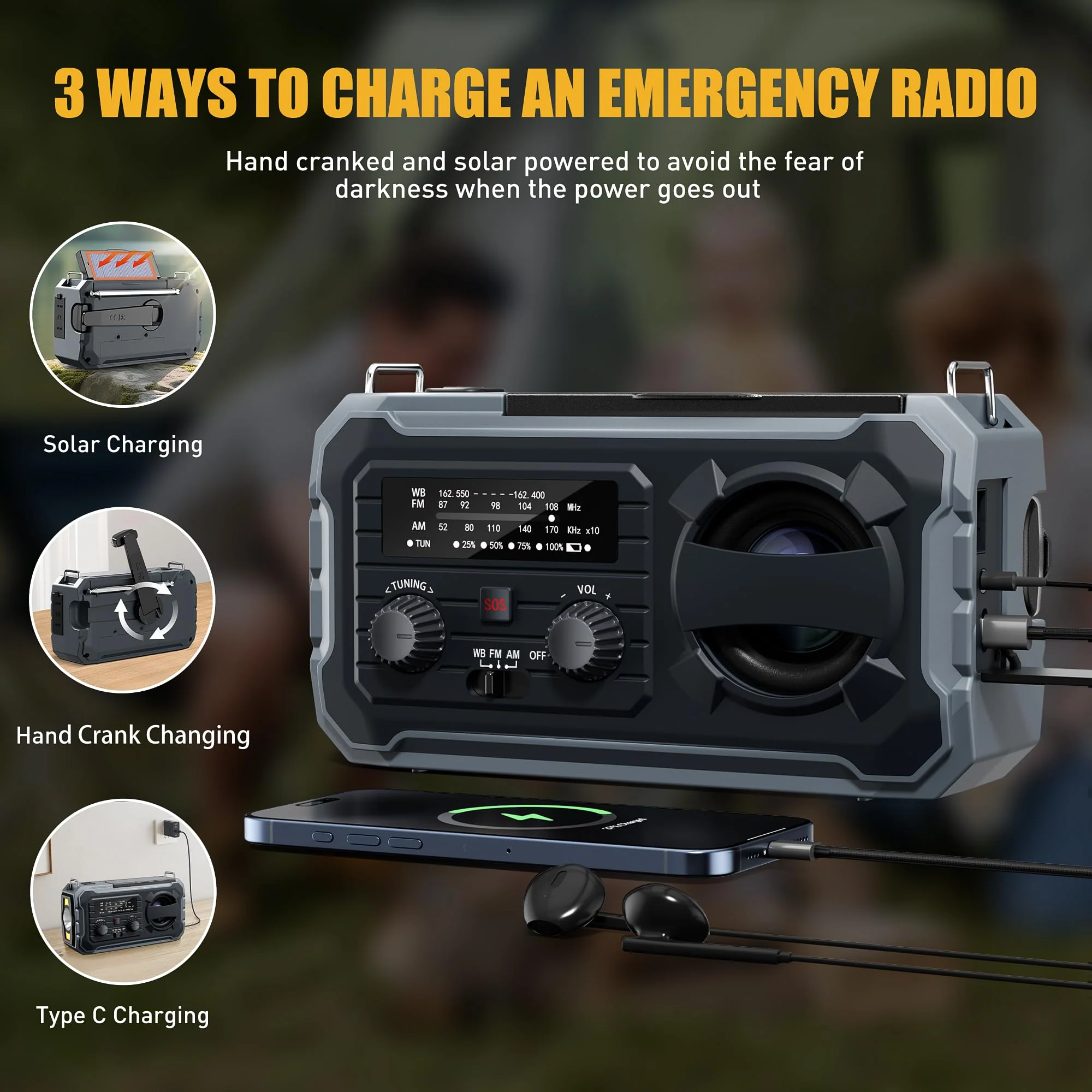 Hand Crank Emergency Radio, 10000mAh Weather Radio with AM/FM/NOAA, Solar Prower, SOS Alarm, Phone Charging, LED Flashlight, Portable Survival Gear for Outdoor & Home Emergencies Kits, Grey - Image 6