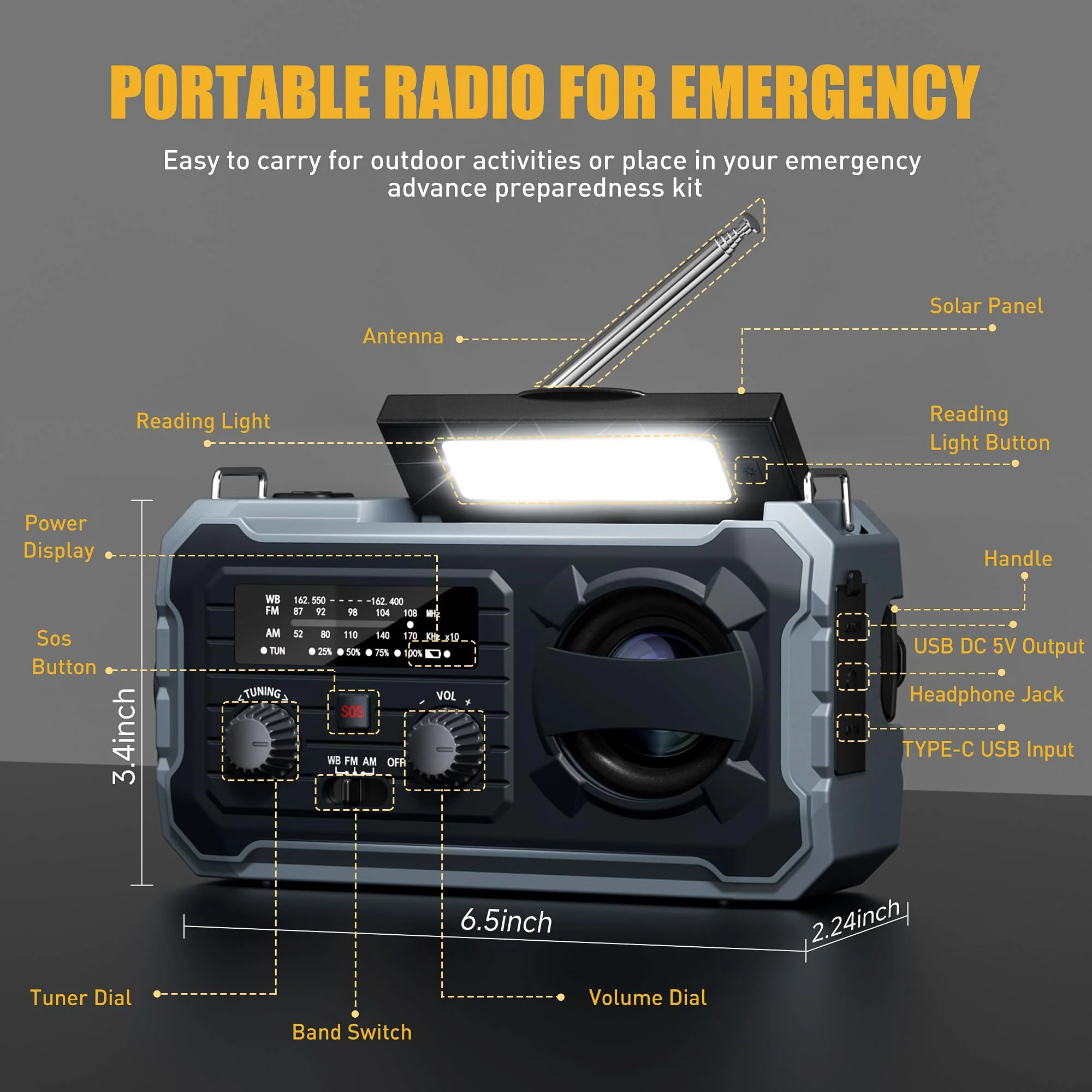 Hand Crank Emergency Radio, 10000mAh Weather Radio with AM/FM/NOAA, Solar Prower, SOS Alarm, Phone Charging, LED Flashlight, Portable Survival Gear for Outdoor & Home Emergencies Kits, Grey - Image 8