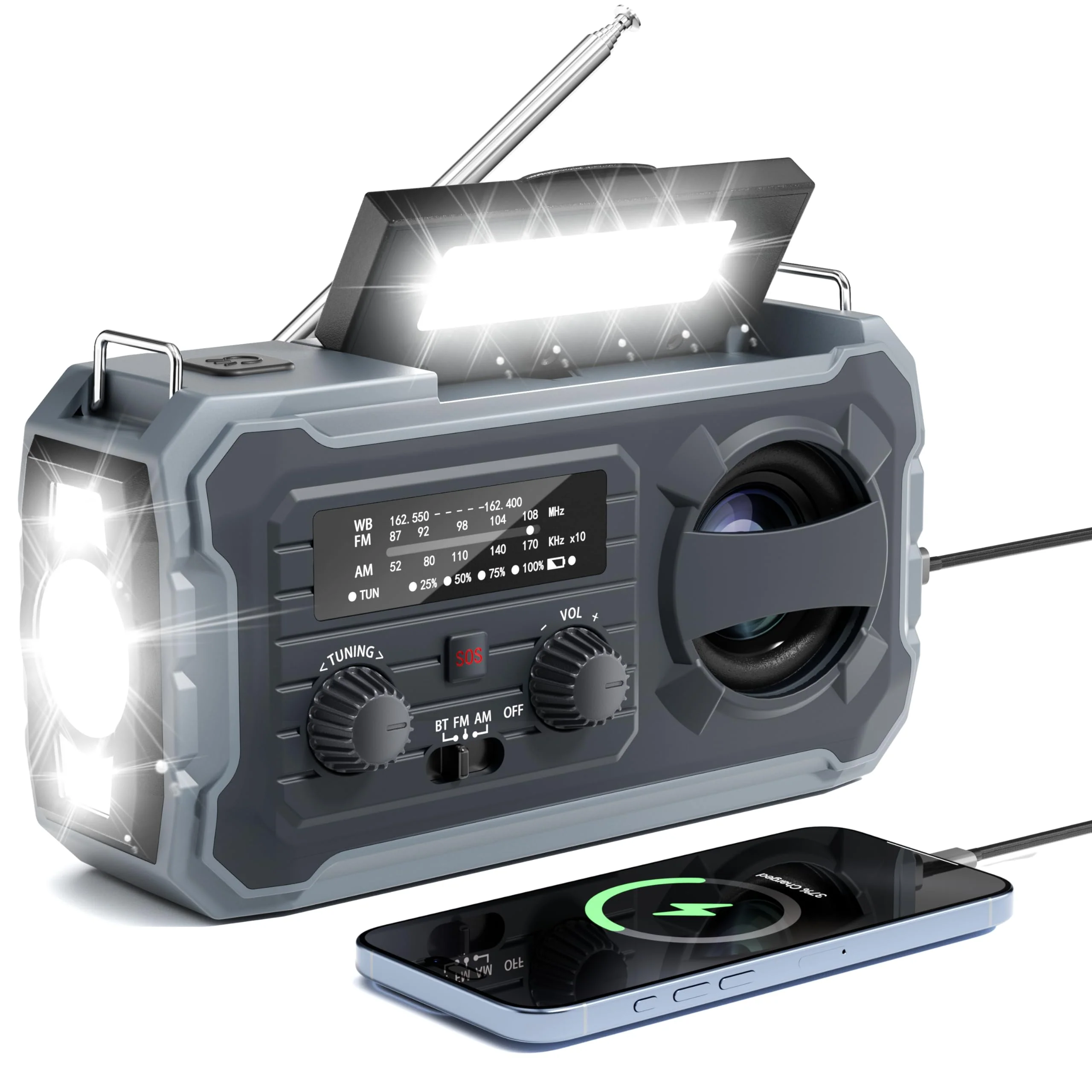 Hand Crank Emergency Radio, 10000mAh Weather Radio with AM/FM/NOAA, Solar Prower, SOS Alarm, Phone Charging, LED Flashlight, Portable Survival Gear for Outdoor & Home Emergencies Kits, Grey - Image 9