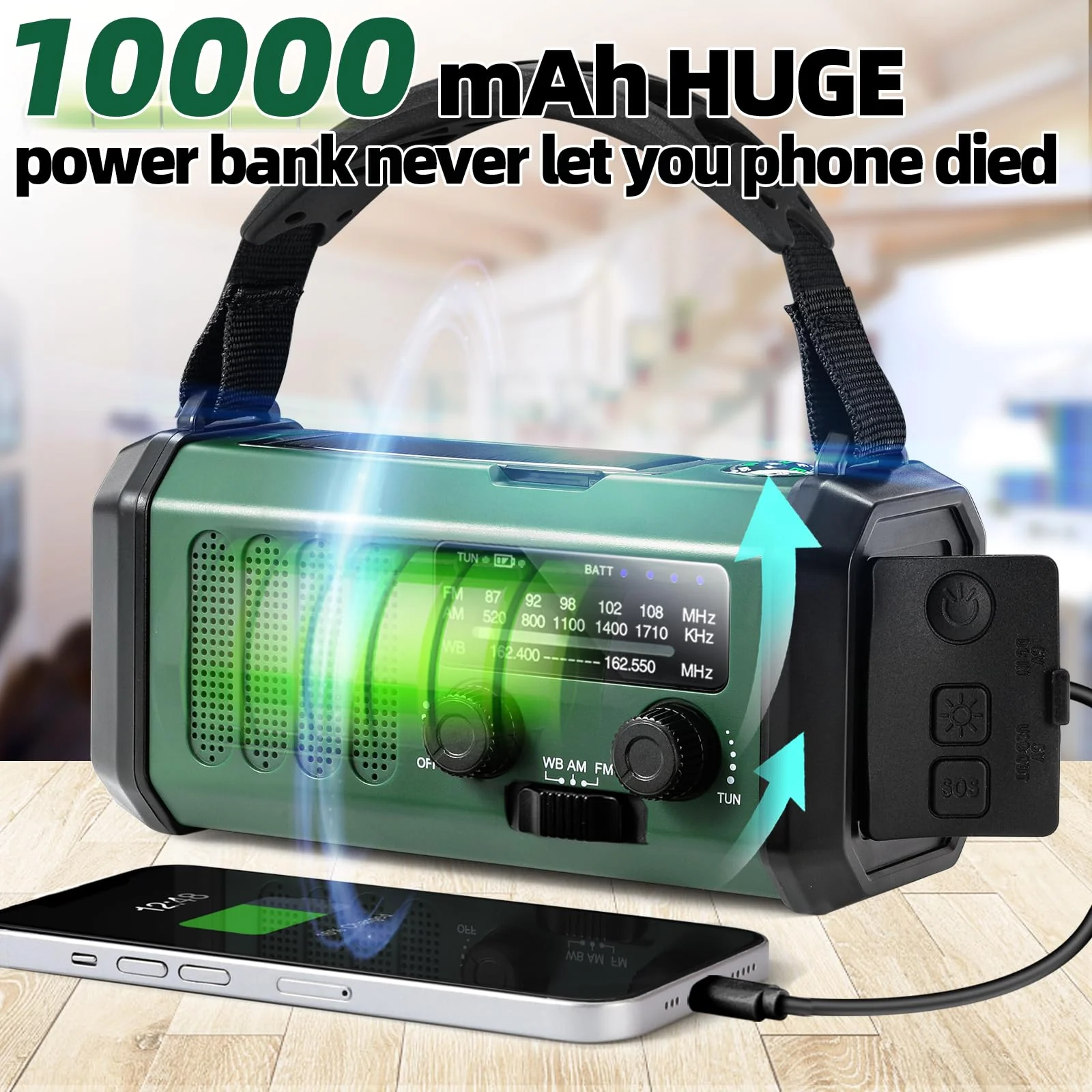 Hand Crank Emergency Radio,37000mWhSolar Powered Hand Crank Portable Radio,NOAA AM FM Weather Radio with 3Mode Flashlight and Reading Light,Cell Phone Charger,Home and Emergency Distress Signal Green - Image 3