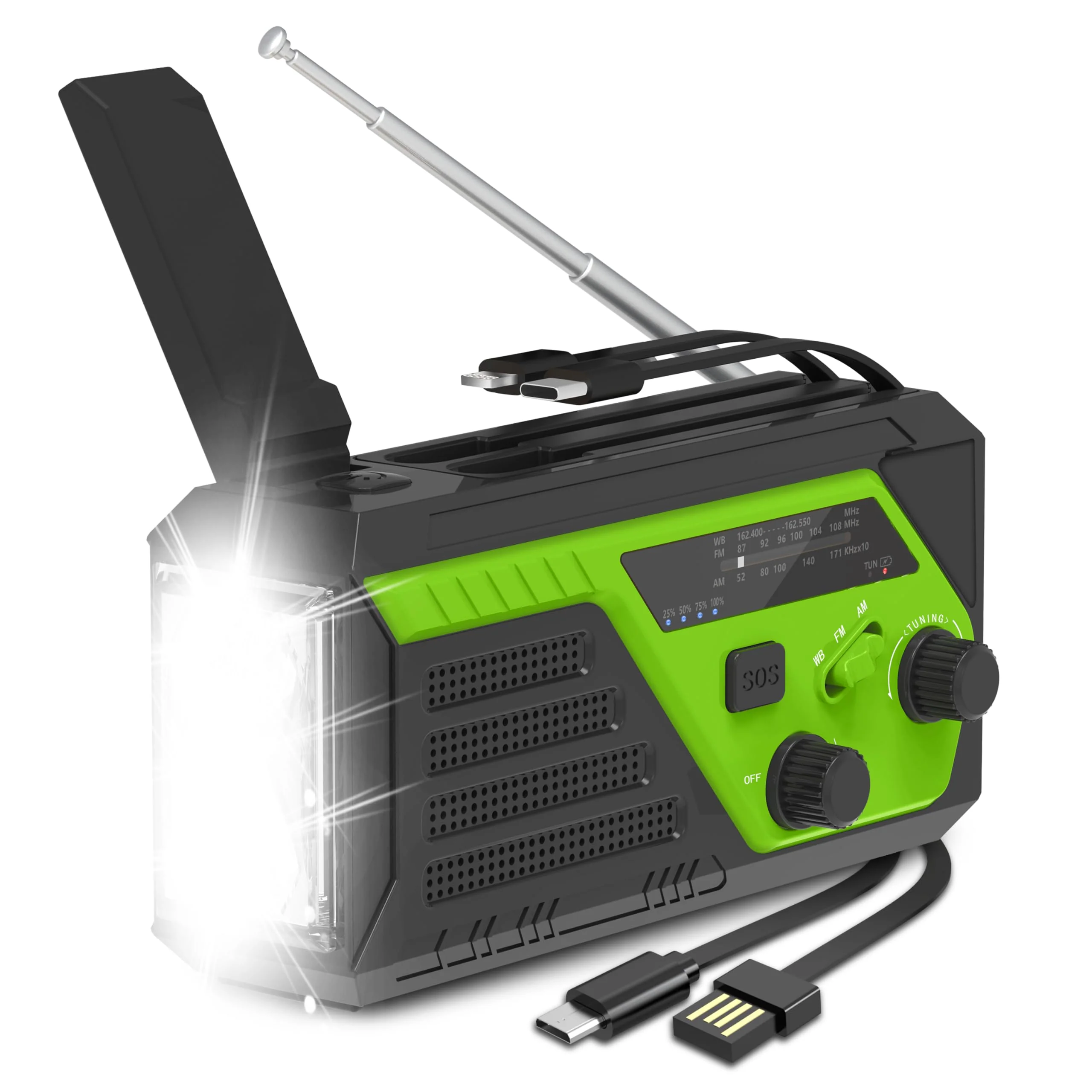 Hand Crank Emergency Radio, 6000mAh AM/FM/NOAA Weather Radio, Hand Crank Radio with 4 Built-in Cable, Emergency Weather Radio with Quickly Phone Charger, SOS Alarm for Emergency Winter Storm Green