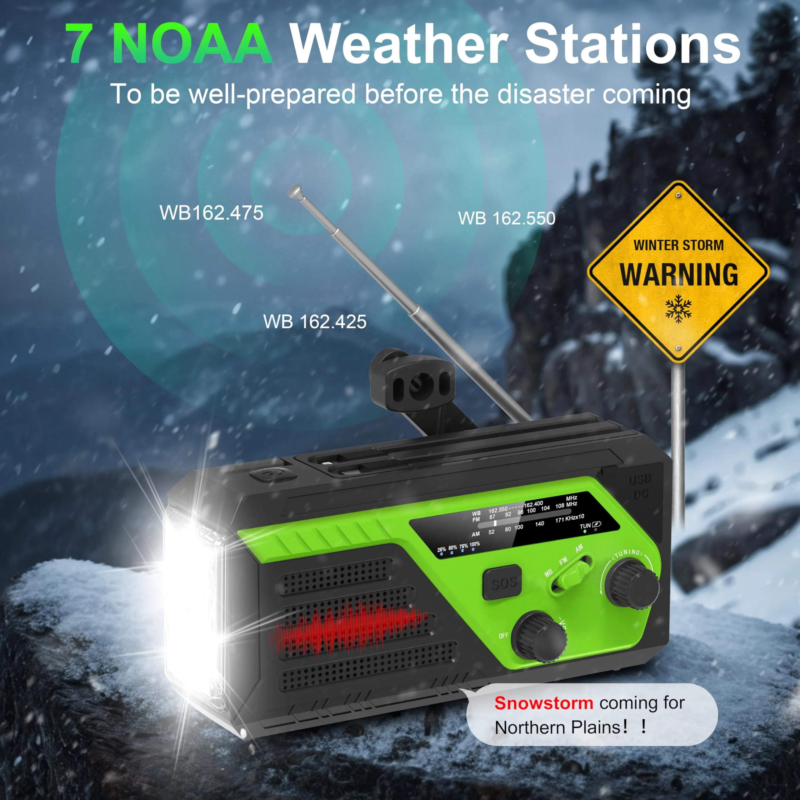 Hand Crank Emergency Radio, 6000mAh AM/FM/NOAA Weather Radio, Hand Crank Radio with 4 Built-in Cable, Emergency Weather Radio with Quickly Phone Charger, SOS Alarm for Emergency Winter Storm Green - Image 2