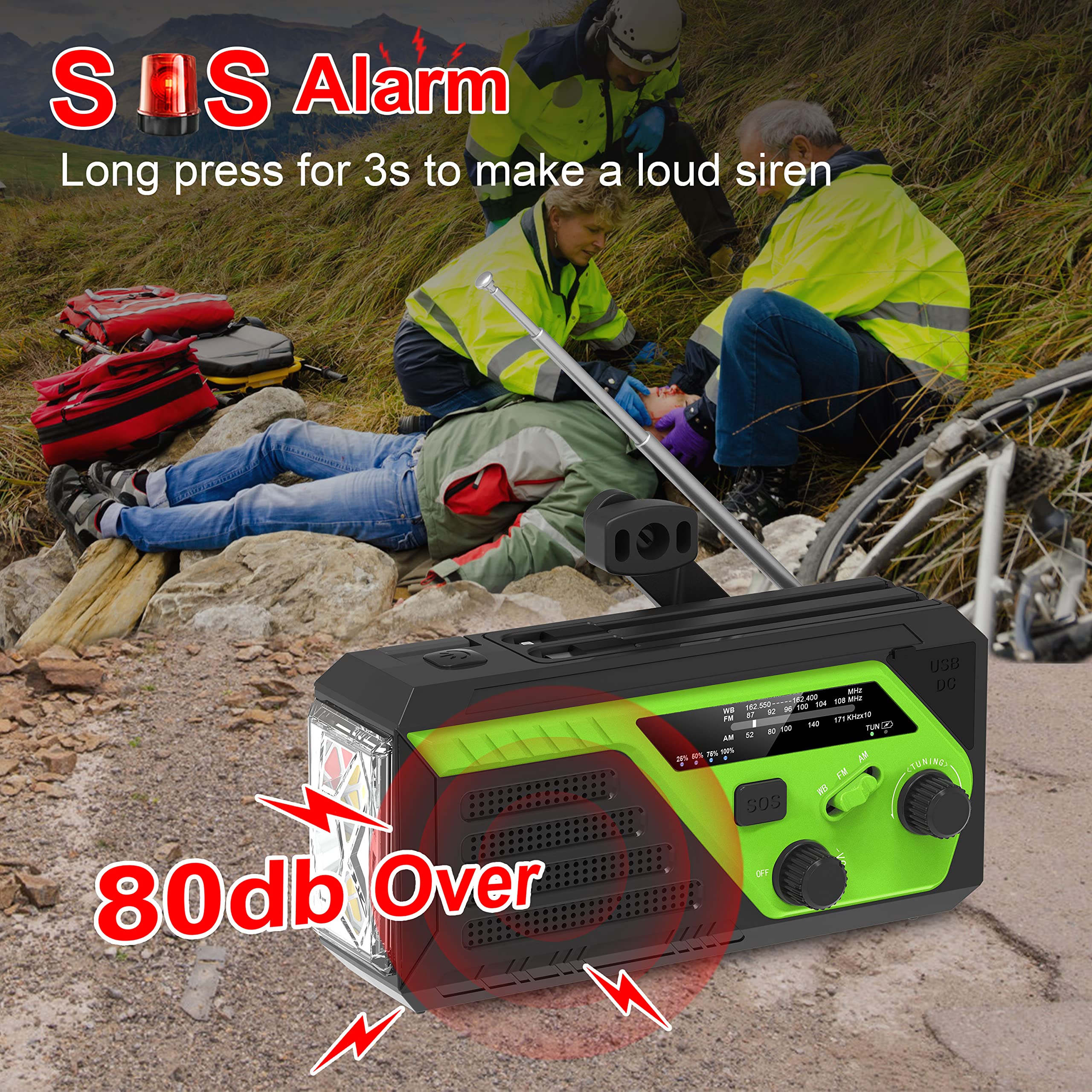 Hand Crank Emergency Radio, 6000mAh AM/FM/NOAA Weather Radio, Hand Crank Radio with 4 Built-in Cable, Emergency Weather Radio with Quickly Phone Charger, SOS Alarm for Emergency Winter Storm Green - Image 7