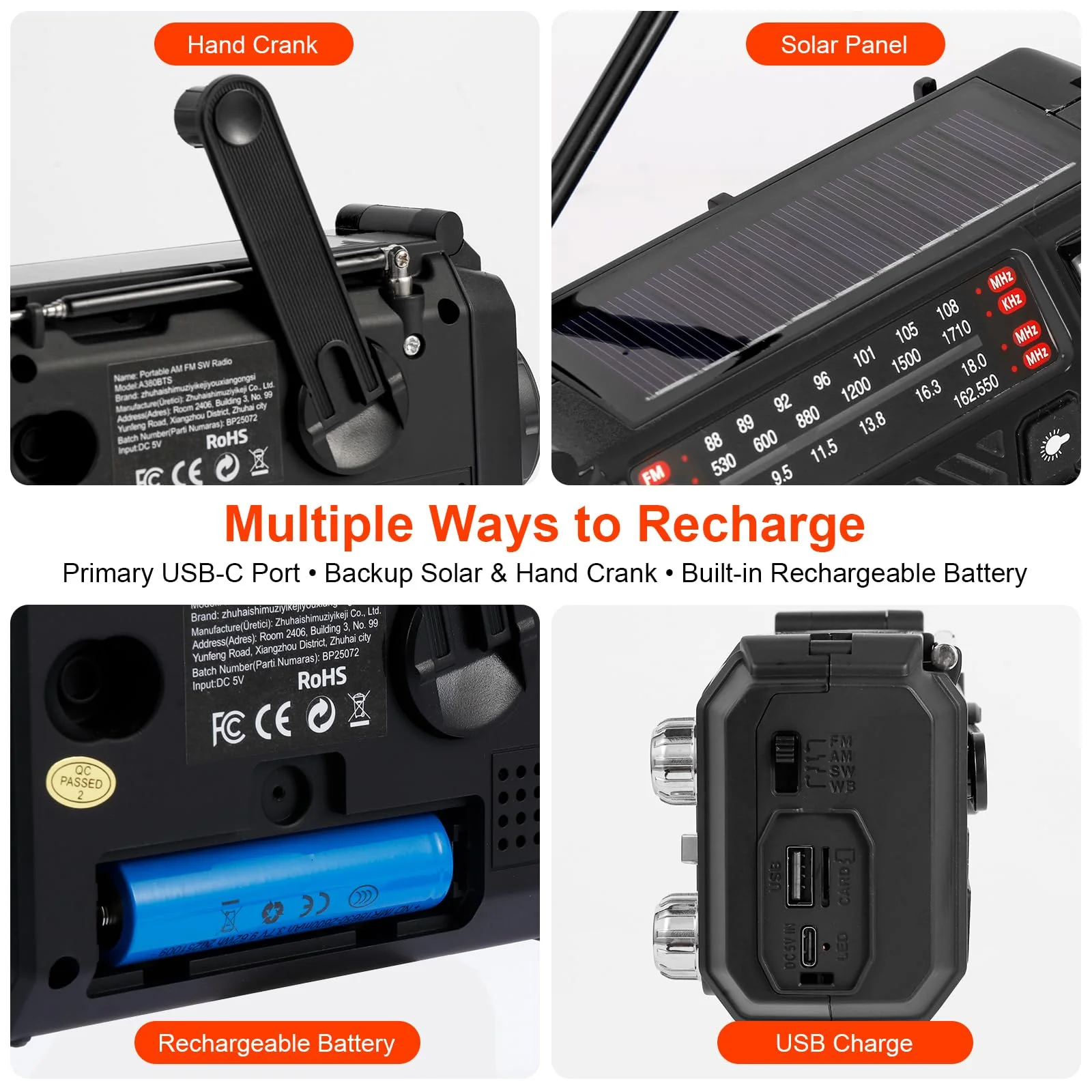 Hand Crank Emergency Weather Radio with 2600mAh/9620mWh Power Bank, NOAA AM FM Shortwave Portable Radio, Solar & USB-C Charging, Flashlight, SOS Alarm for Emergency Kits (Black) Black - Image 4