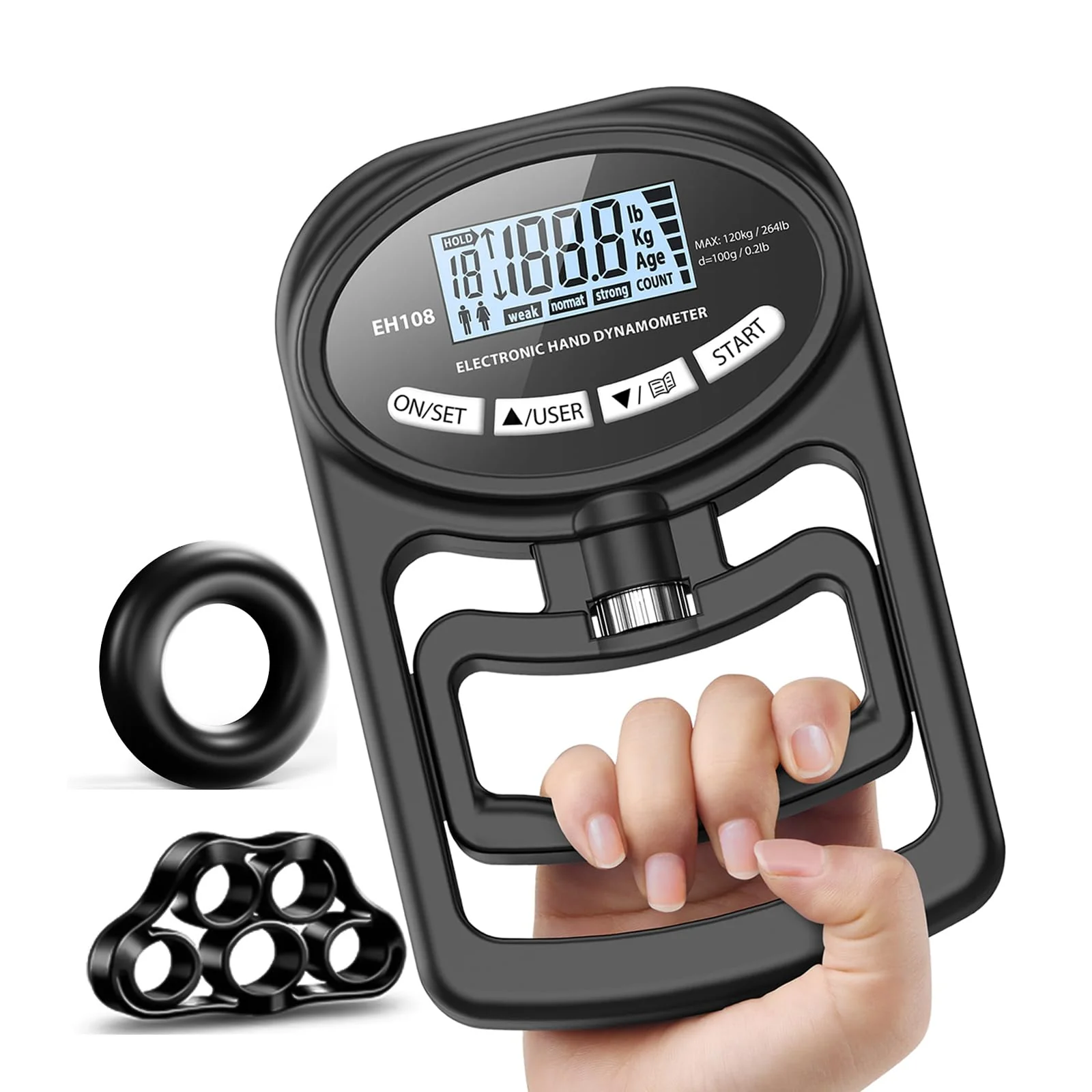 Hand Grip Strength Tester Trainer - Electronic Hand Dynamometer Forearm Grip Strengthener Exerciser Digital Training Gauge 265 Lbs 120 Kgs for Sport Home School Use black