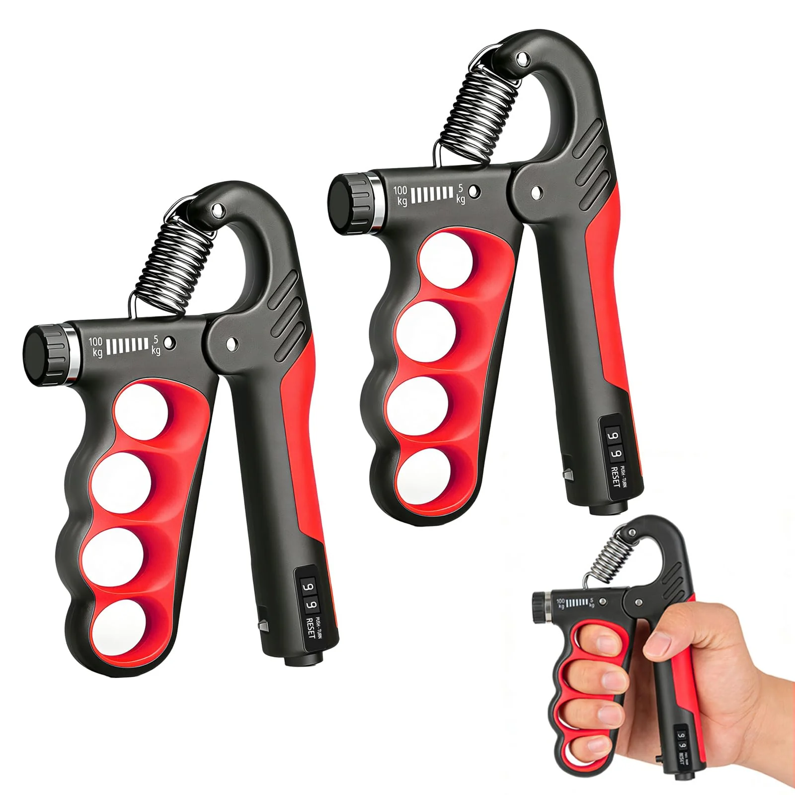 Hand Gripper Strengthener, 11-220LBs Adjustable Resistance Grip Strength Trainer with Counter, Forearm Exerciser for Injury Recovery and Muscle Building Red-2PCS