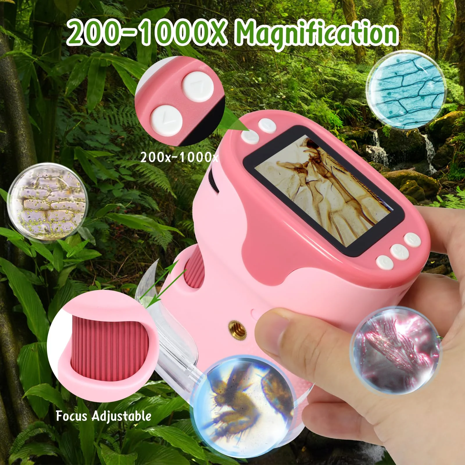 Handheld Digital Microscope for Kids with 2'' HD Screen, 200~1000X Pocket Microscope, Starter Kit with 6 Random Specimen Slides and 32G SD Card Included, Educational Gift for Children Age 6+ (Pink) Pink - Image 2