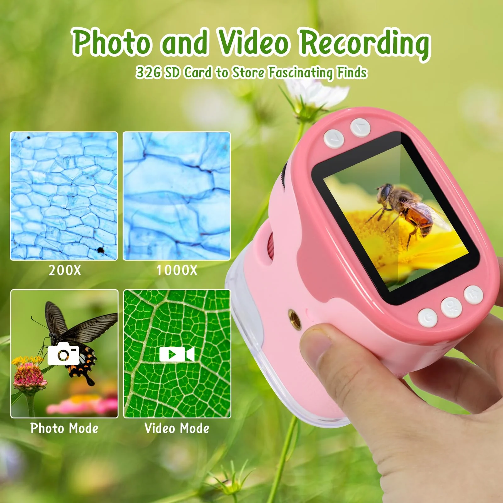 Handheld Digital Microscope for Kids with 2'' HD Screen, 200~1000X Pocket Microscope, Starter Kit with 6 Random Specimen Slides and 32G SD Card Included, Educational Gift for Children Age 6+ (Pink) Pink - Image 4