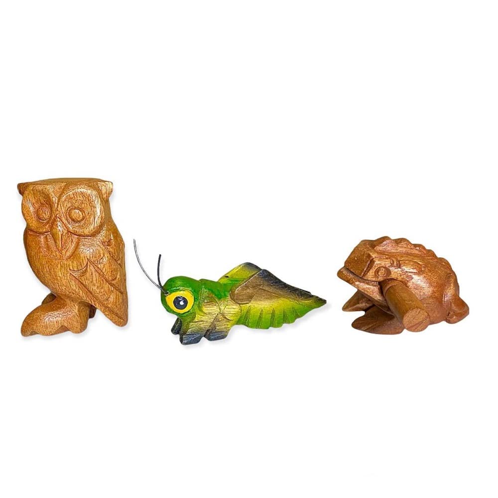 Handmade Wooden Percussion 3 Pcs Set 3 Inch Wooden Frog, 4 Inch Wooden Cricket and 3.5 Inch Wooden Owl, Gift Decor,(Green Wooden Cricket Brown Wooden Frog/Owl) Green Wooden Cricket Brown Wooden Frog/Owl