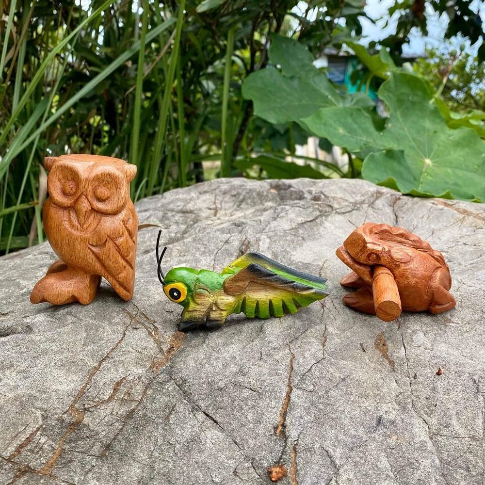 Handmade Wooden Percussion 3 Pcs Set 3 Inch Wooden Frog, 4 Inch Wooden Cricket and 3.5 Inch Wooden Owl, Gift Decor,(Green Wooden Cricket Brown Wooden Frog/Owl) Green Wooden Cricket Brown Wooden Frog/Owl - Image 2
