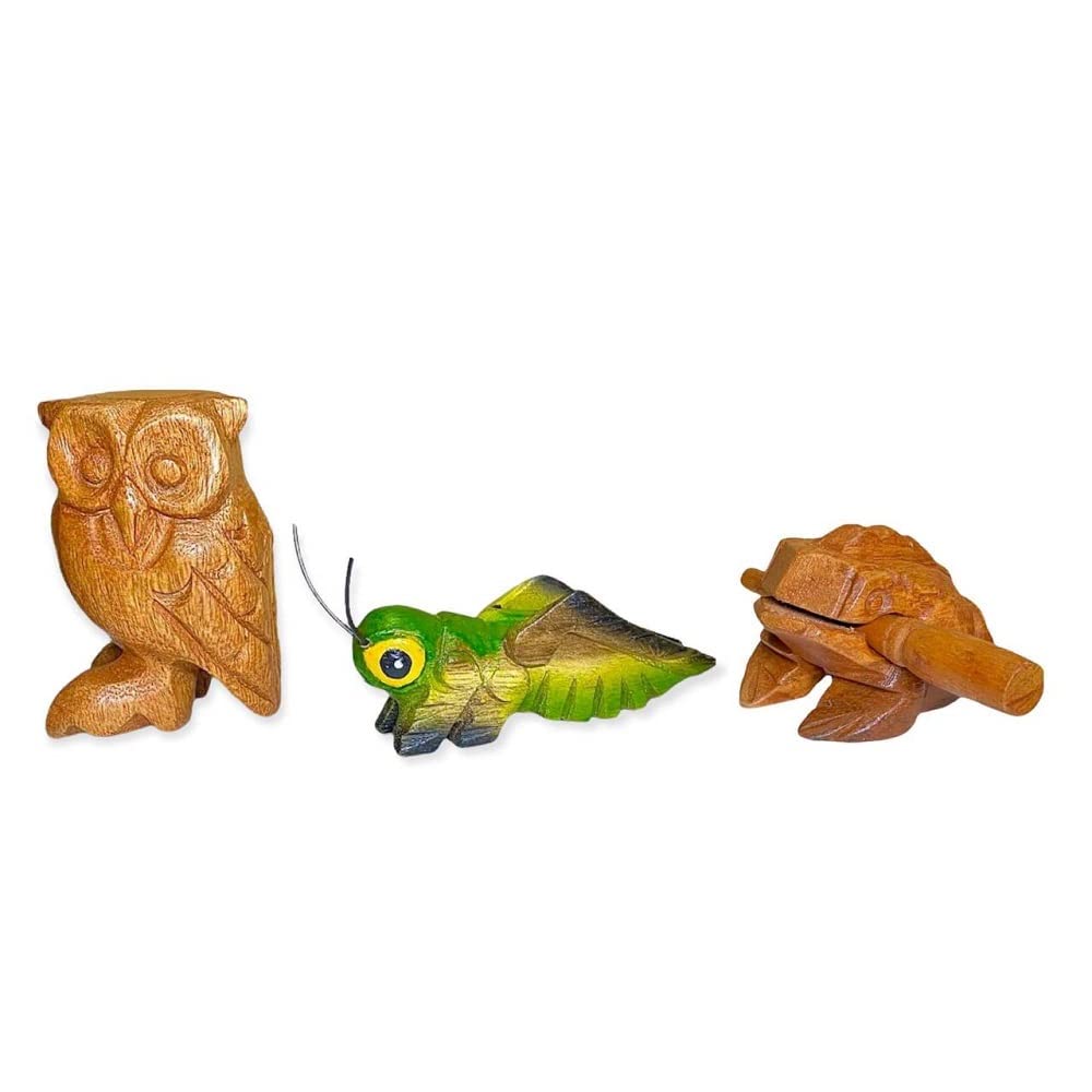 Handmade Wooden Percussion 3 Pcs Set 3 Inch Wooden Frog, 4 Inch Wooden Cricket and 3.5 Inch Wooden Owl, Gift Decor,(Green Wooden Cricket Brown Wooden Frog/Owl) Green Wooden Cricket Brown Wooden Frog/Owl - Image 3