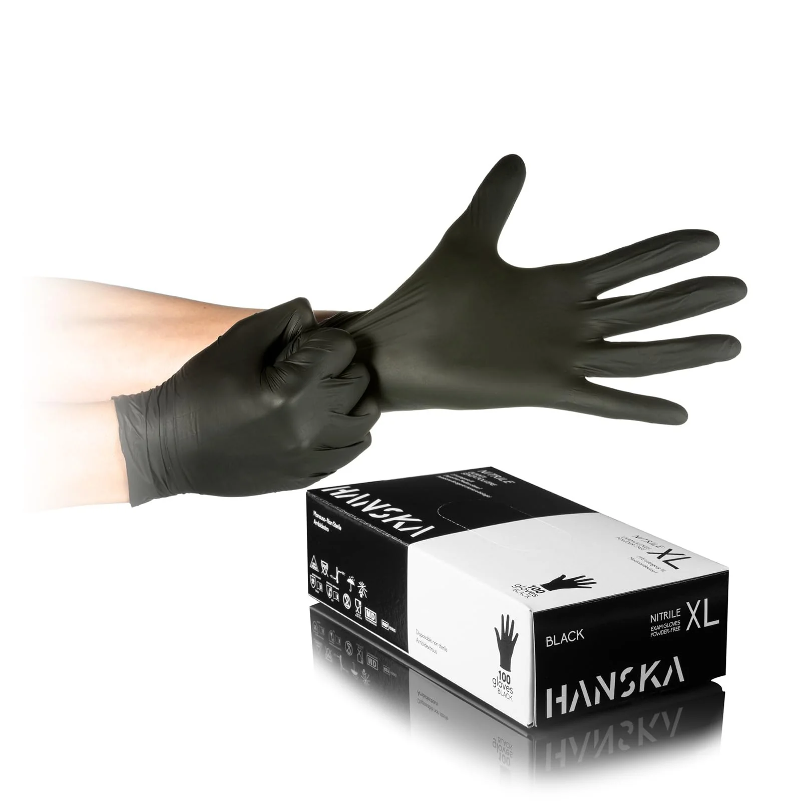 HANSKA 100 Black Nitrile Disposable Gloves - Powder Free - Ambidextrous - Non Sterile - Rubber Base - Suitable for Medical Areas, Food Handling (100, XL) 100 cm