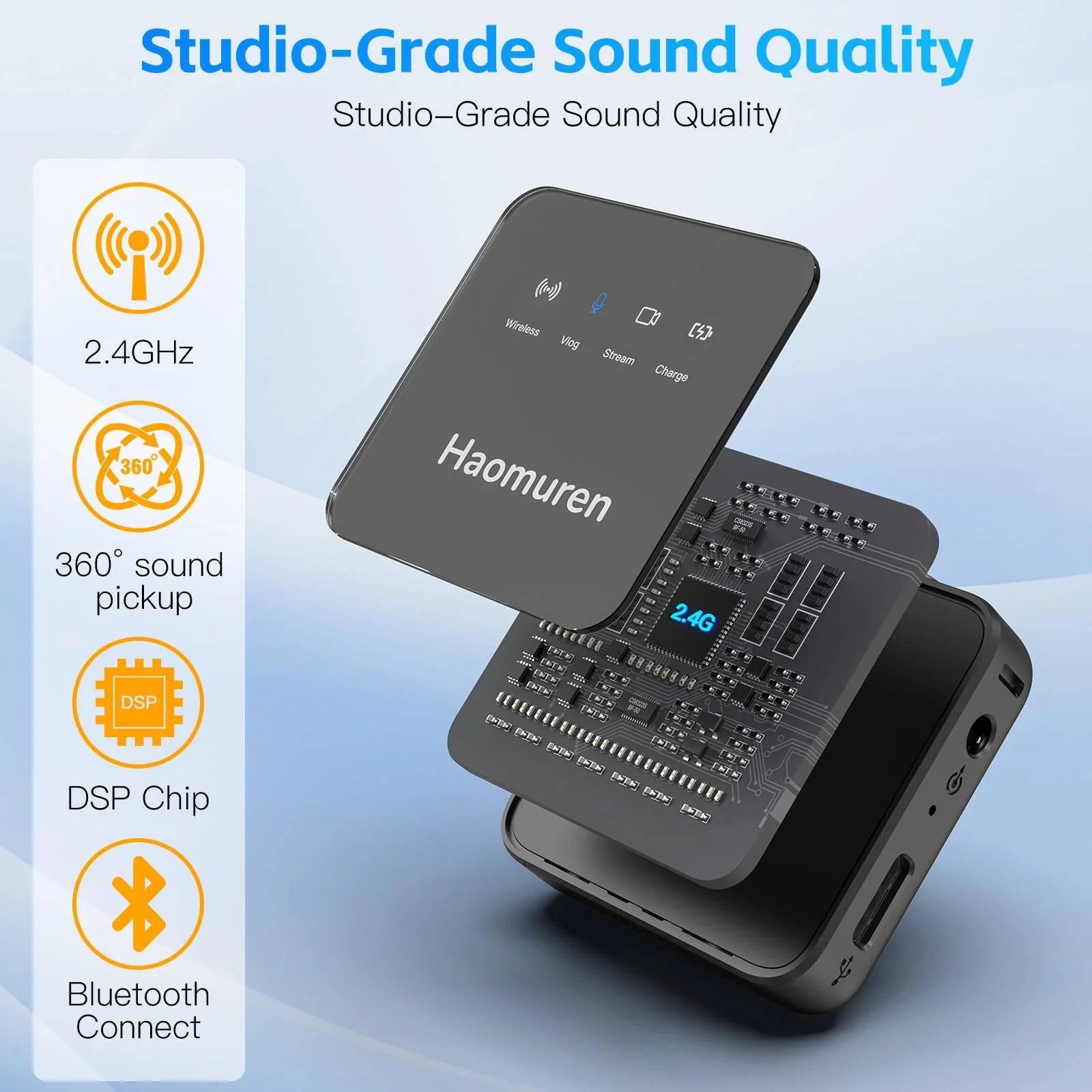 Haomuren Wireless Lavalier Microphone 2 Pack,Wireless Microphone,Compatible with iPhone,Android,Camera,iPad,Tablet,PC,Noise Cancel,Echo,Bluetooth Lapel Mic for Video Recording,Stream,Vlogs Black - Image 3