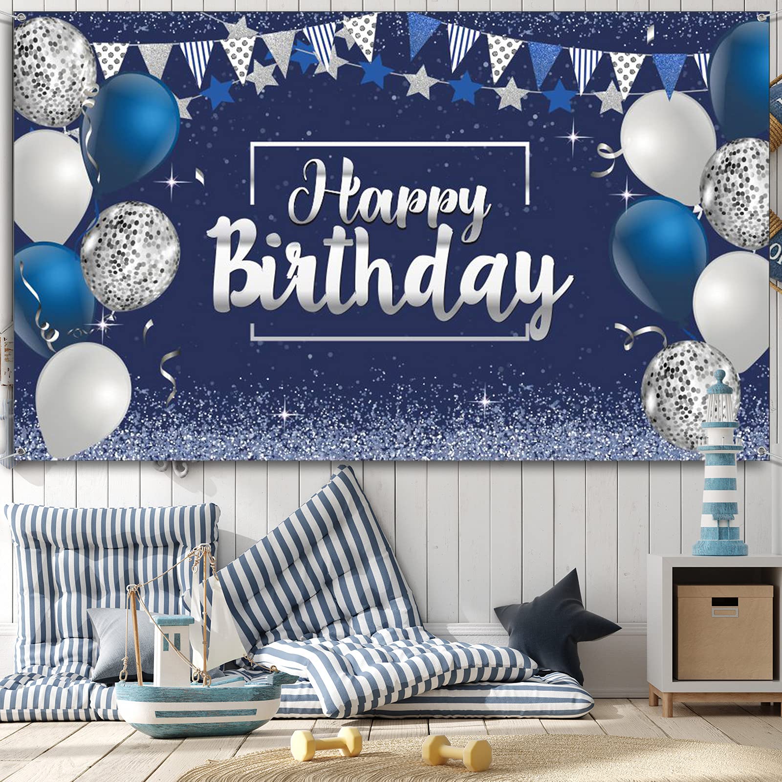 Happy Birthday Decorations Backdrop, Glitter Birthday Backdrop Sign, Happy Birthday Banner, Birthday Party Supplies Photo Background for Children Men Women, 72.8 x 43.3 Inch (Silver and Navy Blue) Silver and Navy Blue - Image 7
