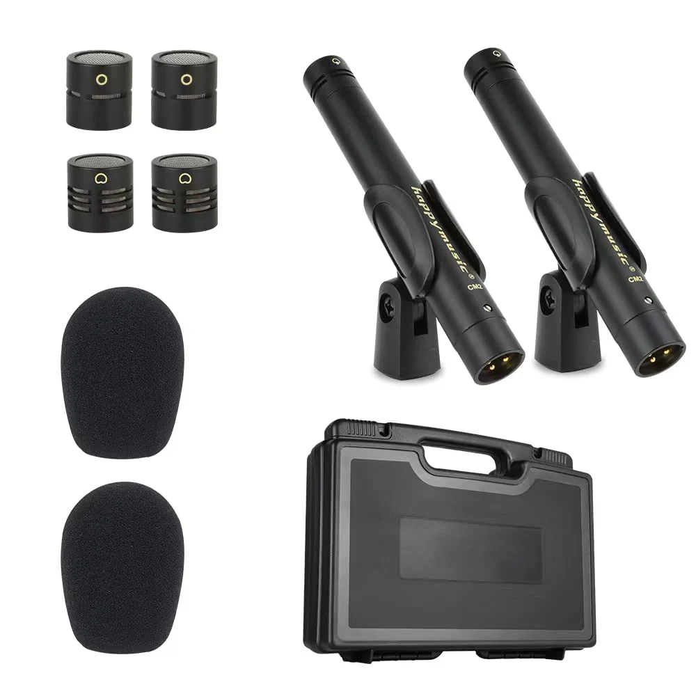 happymusic CM2 Professional Pencil Condenser Brass Microphone Kit，Instrument Mic,Omni Cardioid and Super Cardioid Capsules for Ideal for Drums, Acoustic Guitar, Piano, Woodwind and Percussion
