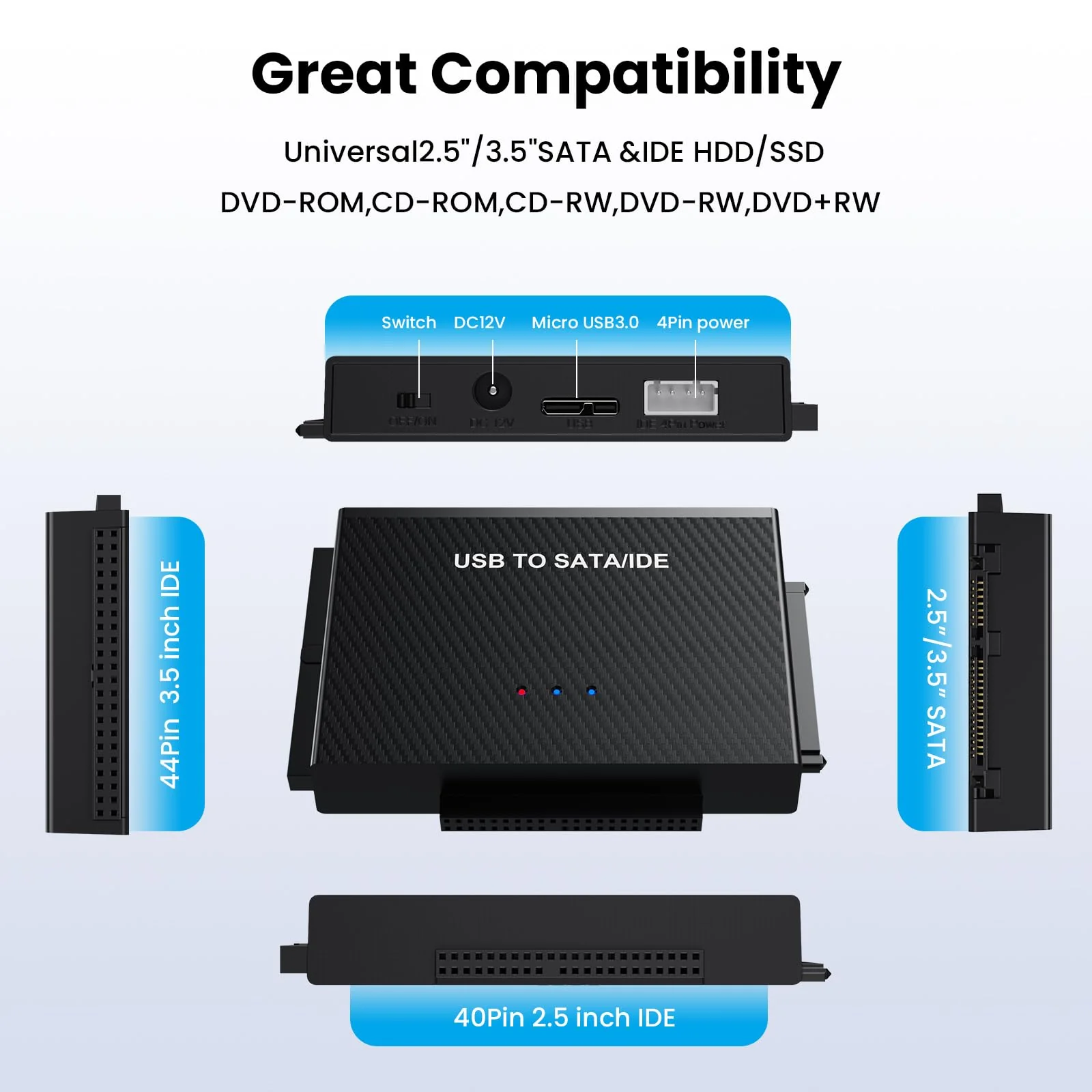 Hard Drive Reader USB 3.0 to SATA IDE Adapter，IDE SATA to USB + Type C External Hard Drive Adapter Data Recovery Converter Kit for Universal 2.5 3.5 HDD SSD Hard Drive Disk, with 12V/2A Power Adapter - Image 5