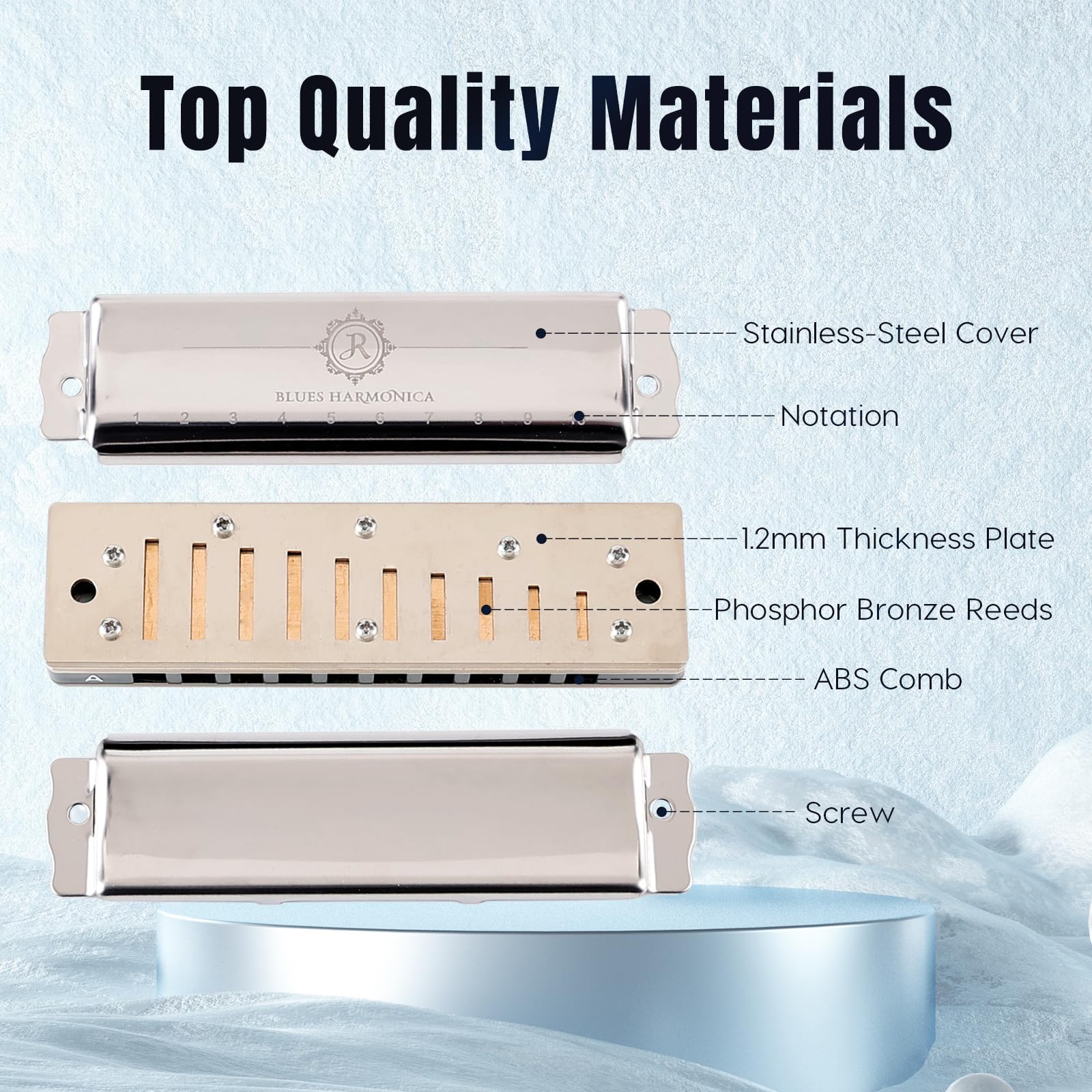 Harmonica Key of C 10 Holes 20 Tones Blues Harp Diatonic Mouth Organ Armonica with EVA Protective Case for Adults Beginner Intermediate Rock Jazz Gift Silver JDR North - Image 2