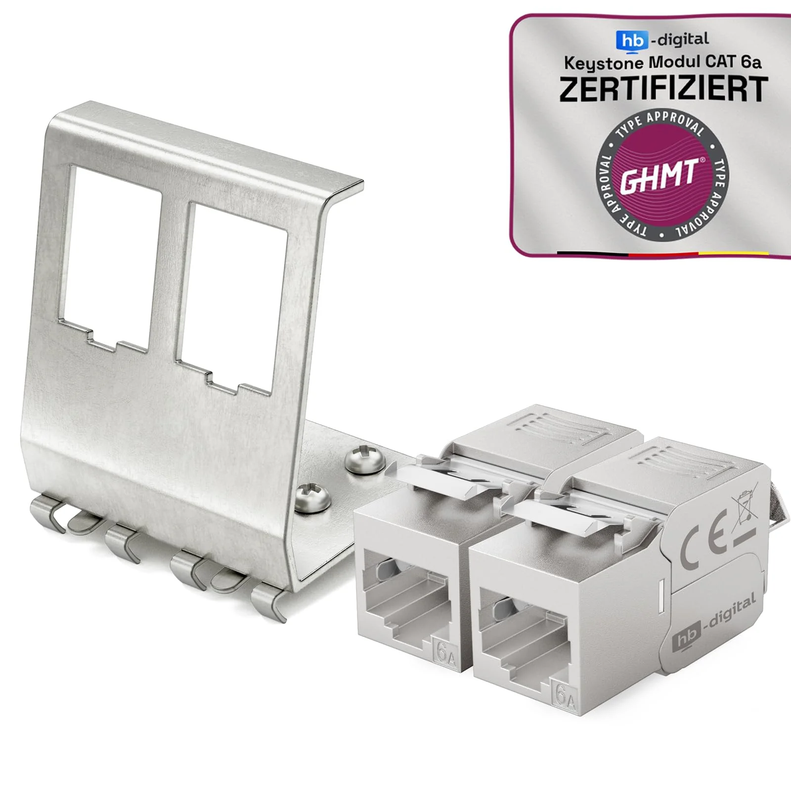 hb-digital 2 x CAT 6a Keystone Module RJ45 Socket STP 10 Gbit/s - Tool-Free LSA - with 1x 2-Port 35 mm DIN Rail Metal DIN Rail Adapter Keystone Holder Ethernet LAN Network Switch