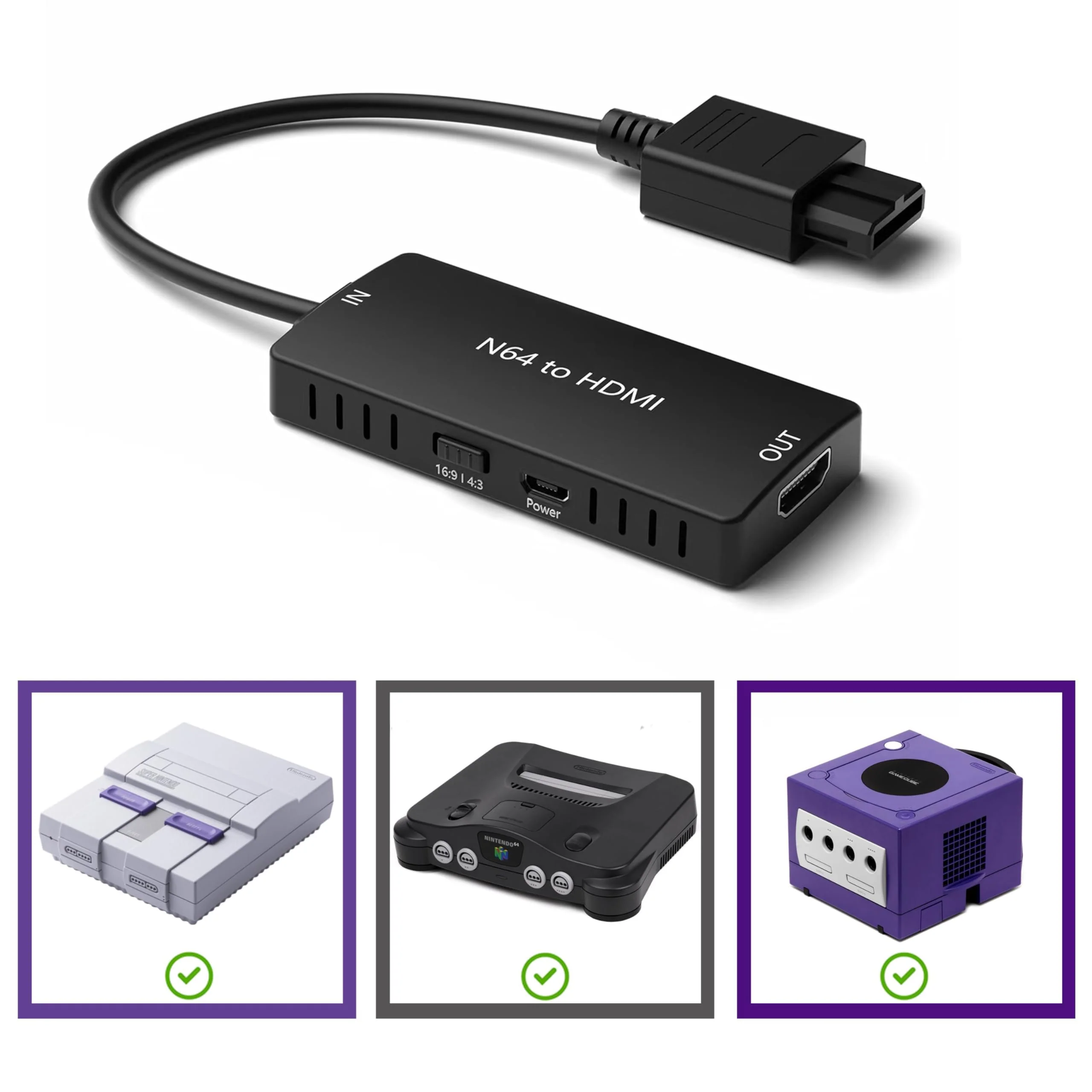 HD Link Cable for Gamecube, N64, SNES (3-in-1), HDMI Adapter with S-Video Signal Output (Better Video Quality), HD Converter with 4:3/16:9 Switch, 3IN1SNESNGCN64-02 Portable - Image 4