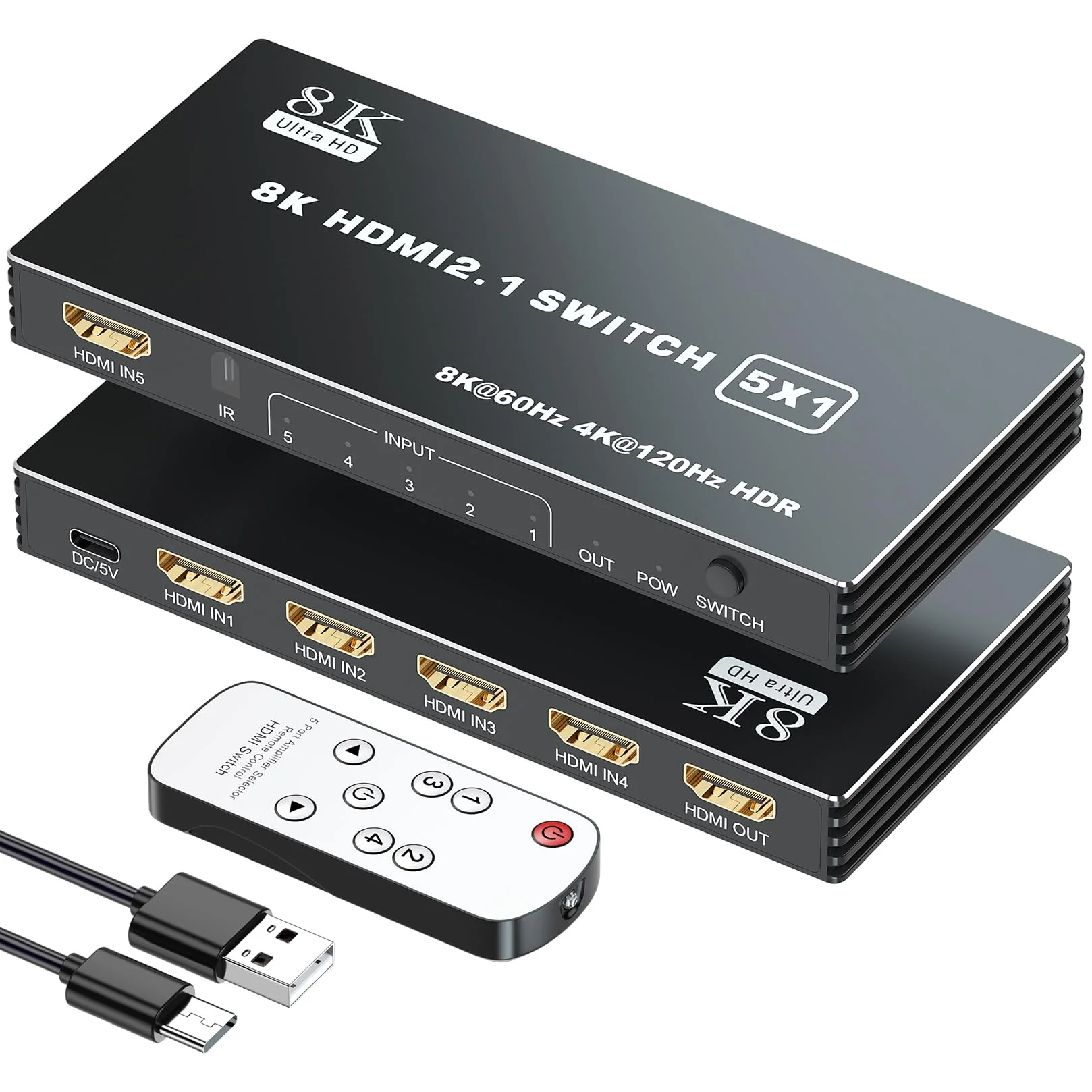 HDMI 2.1 Switch 5x1, 8K HDMI Switch 5 in 1 Out, Support 8K/60Hz 4K/120Hz HDCP 2.3 HDR10, 5-Port HDMI Switcher Selector Box Compatible with PS3/4/5, Fire Stick, DVD, Xbox Switch and Other HDMI Devices 8k 5 in 1 out