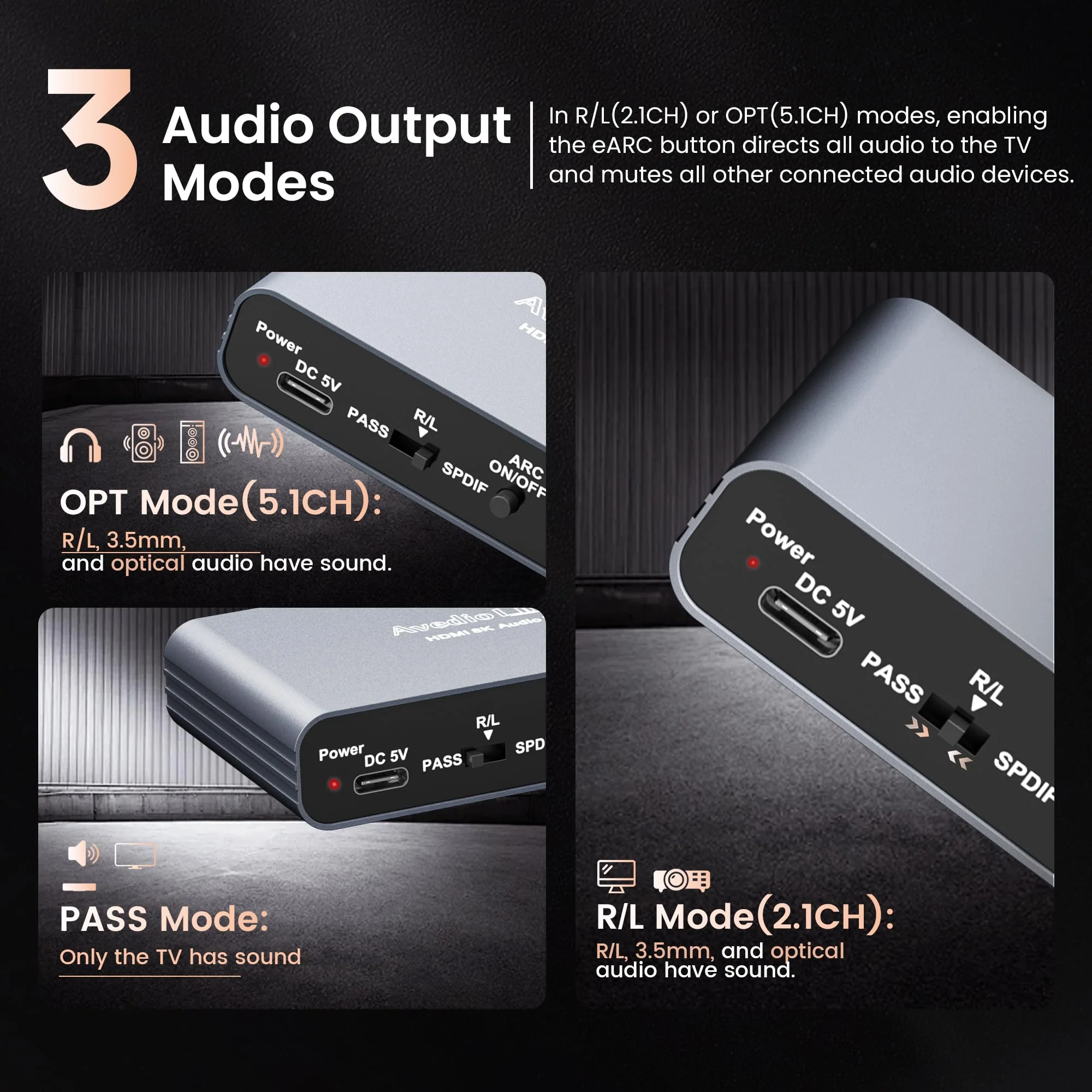 HDMI ARC Audio Extractor 4K60Hz, HDMI ARC Adapter to Optical/SPDIF RCA 3.5mm AUX Audio Adapter Converter Splitter Support LPCM 5.1/DTS/DSD for Laptop/TV Box/DVD/PS5/Soundbar/Speaker/Amplifier 4K@60Hz Grey - Image 6