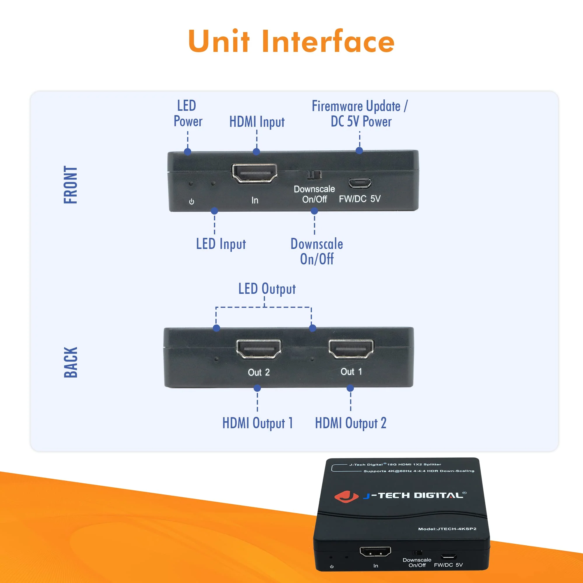 HDMI Splitter 1 in 2 Out 4K 60Hz Multi-Resolution Output (MRO) by J-Tech Digital HDMI 2.0 Splitter Supports Downscale HDR HDR10 / Dolby Vision 4K@60Hz 4:4:4 HDCP2.3 2.2 (JTECH-4KSP2) 4K 1x2 4:4:4 - Image 6