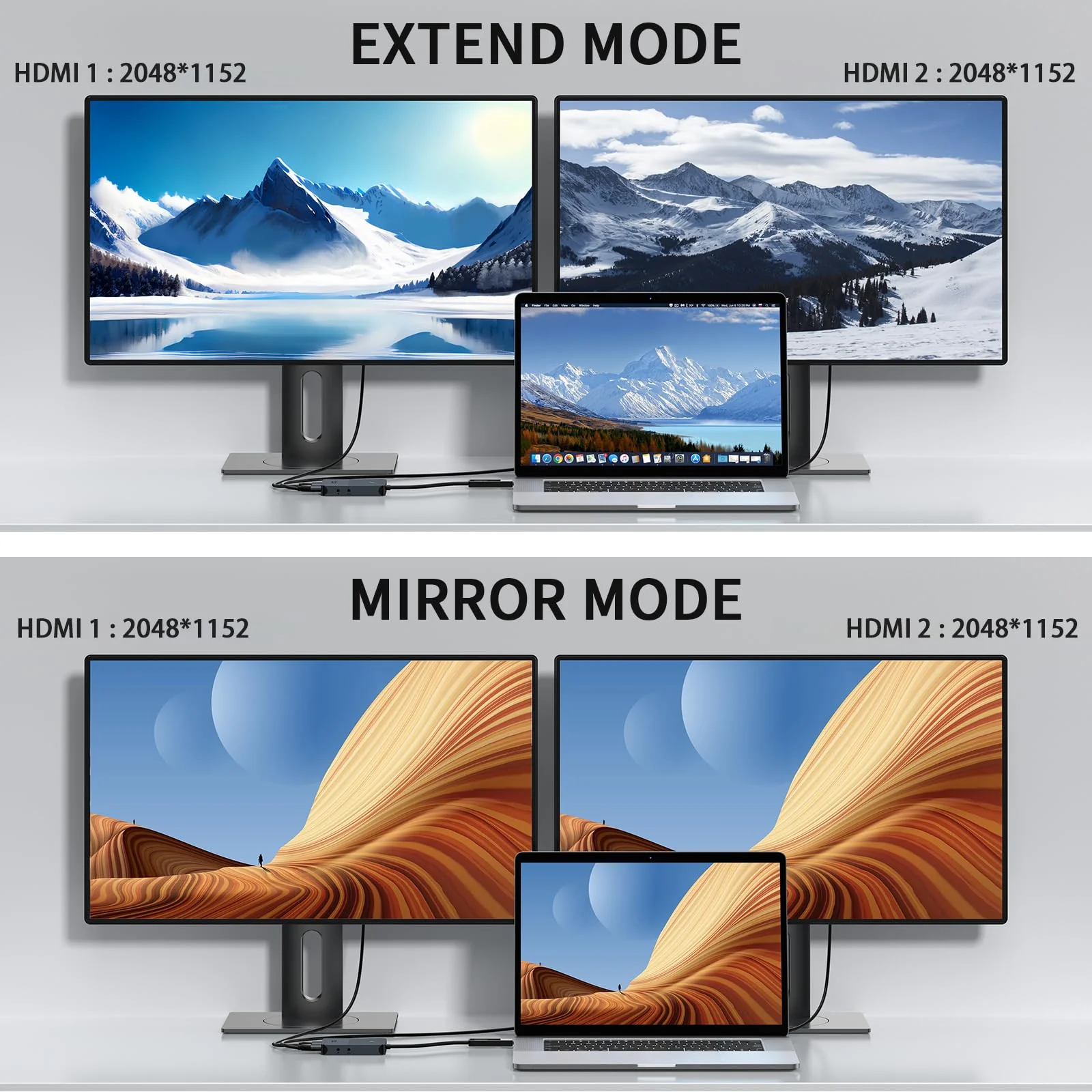 HDMI Splitter Extended Display for Dual Monitor, Dual 2K@60Hz Universal Video Graphics USB to Dual HDMI Adapter for USB A & USB-C Adapter, Compatible with USB 4,Windows and Mac Classic Grey - Image 4