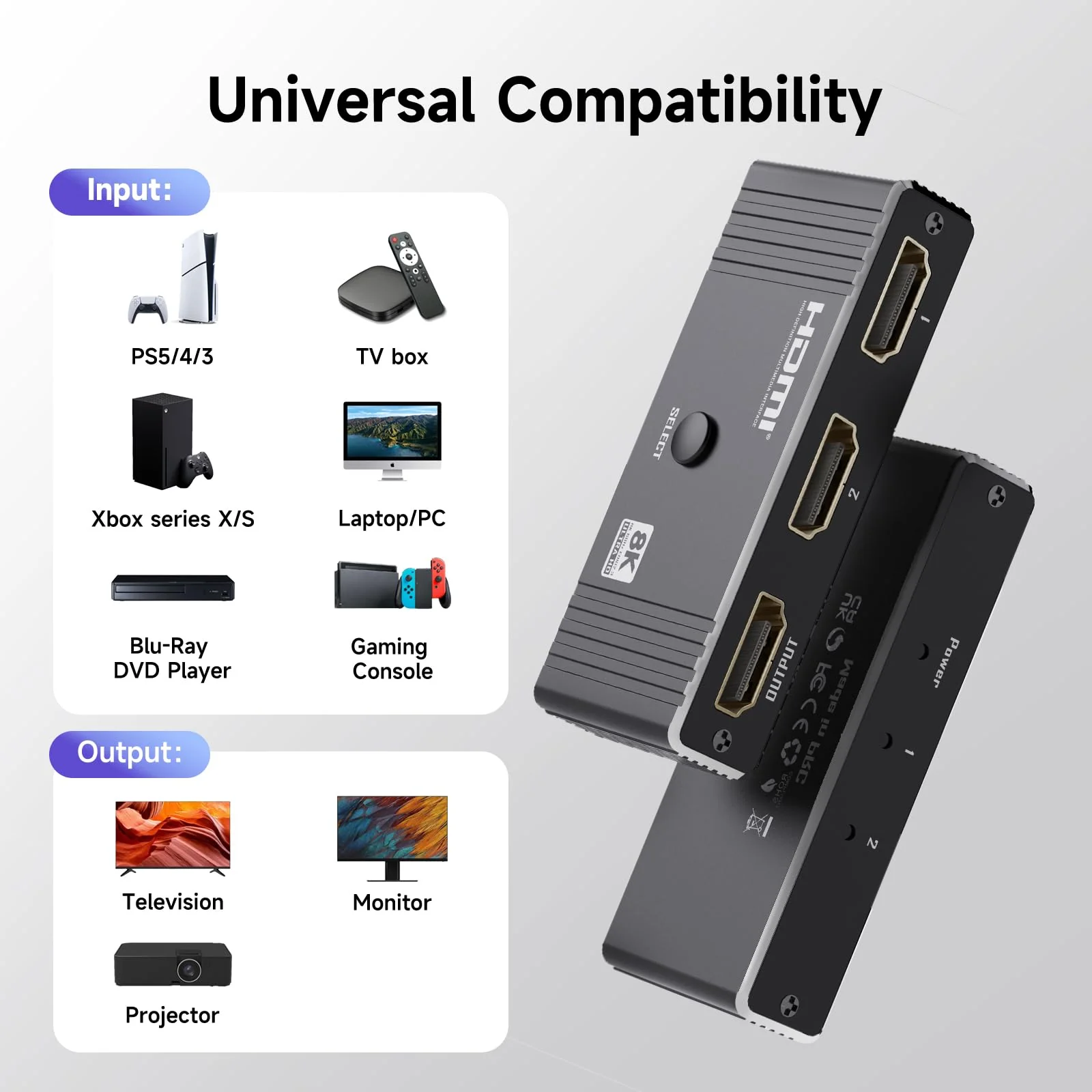 HDMI Switch 2 in 1 Out, 8K@60Hz 4K@120Hz, Aluminum HDMI 2.1 Switcher, Supports VRR HDR10+ Dolby Vision 48Gbps HDMI Splitter, Perfect for Gaming, PS5, Xbox, Roku, Fire Stick(Black) Black - Image 7