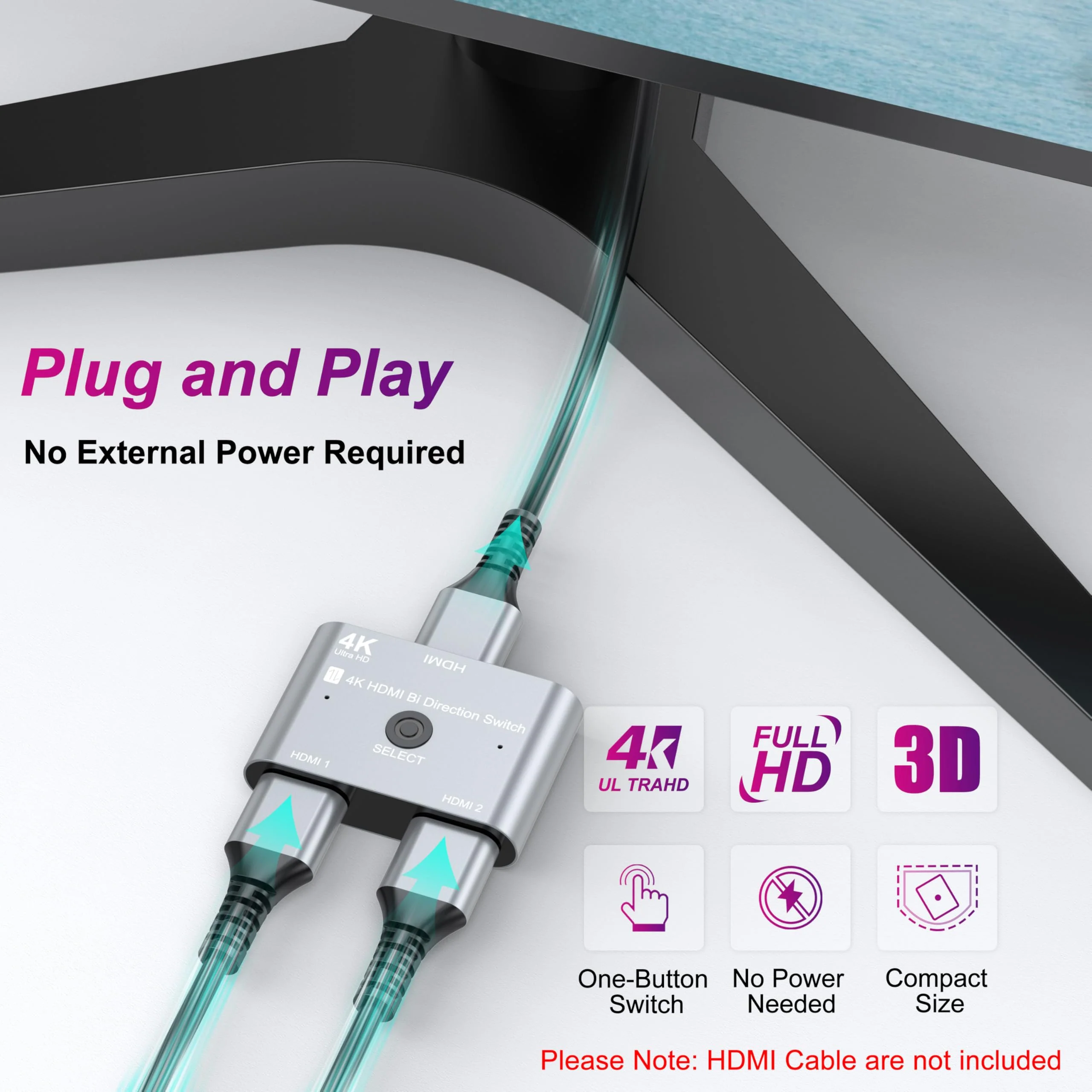 HDMI Switch 2 in 1 Out, HDMI Switcher 1 in 2 Out 4K@60HZ, Bi-Directional Aluminum HDMI Splitter for 2 Computers Monitor Compatible with PS5/4, PC, Xbox Series and More 1 Pack Grey - Image 2