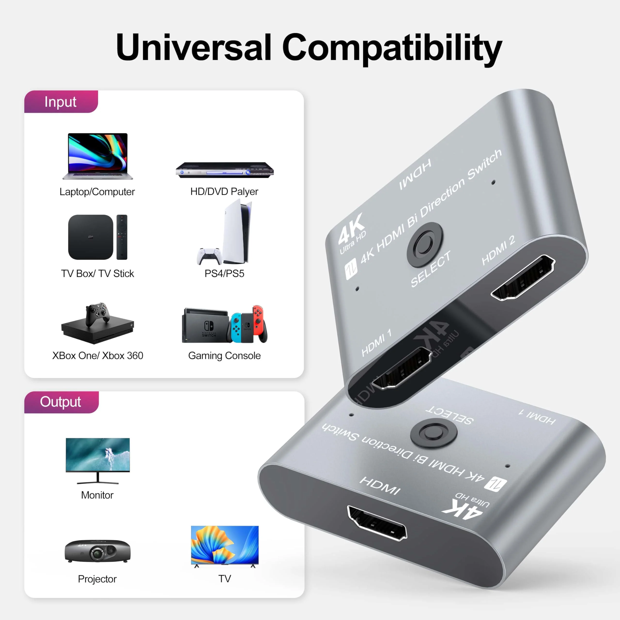 HDMI Switch 2 in 1 Out, HDMI Switcher 1 in 2 Out 4K@60HZ, Bi-Directional Aluminum HDMI Splitter for 2 Computers Monitor Compatible with PS5/4, PC, Xbox Series and More 1 Pack Grey - Image 7
