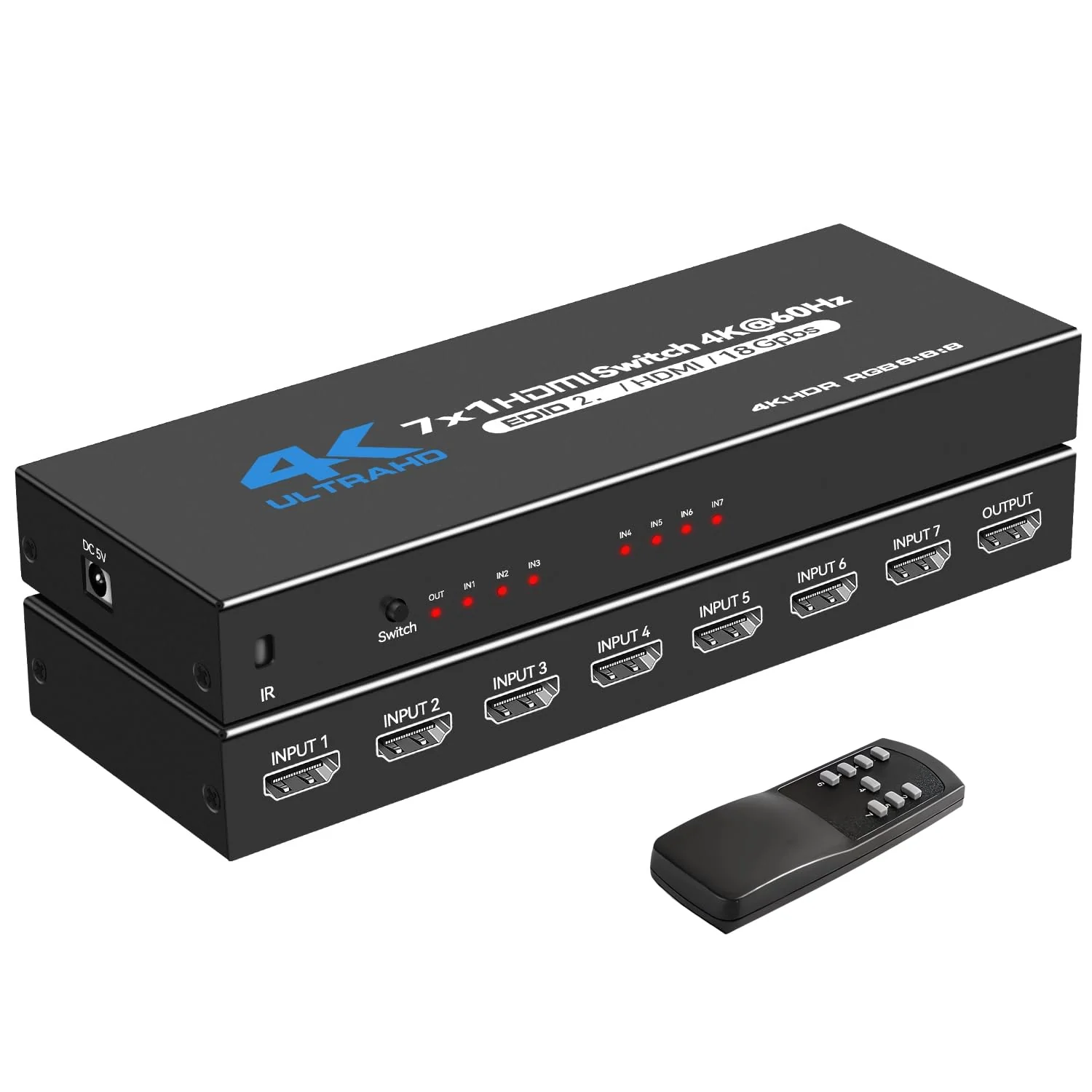 HDMI Switch, 4K@60Hz HDMI Switcher 7 in 1 Out with IR Remote, 7 Port HDMI Selector Box Support HDMI2.0, Dolby Vision/Atmos, HDR10 for Box, Switch, PS5/4, Roku, Fire -Stick-Black 4K@60Hz 7 in 1 Out black