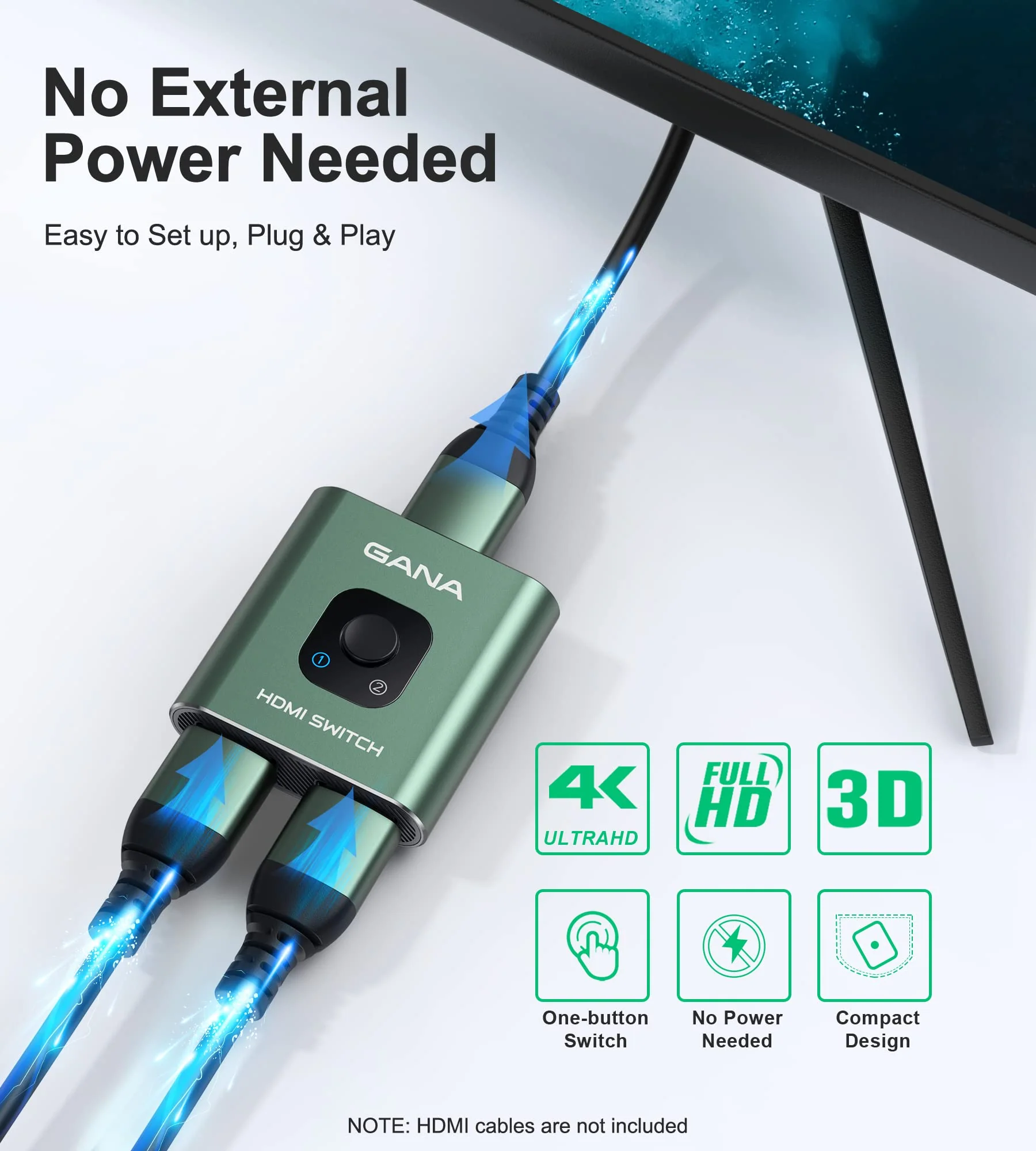 HDMI Switch 4k@60hz Splitter, GANA Aluminum Bidirectional HDMI Switcher 2 in 1 Out, Manual HDMI Hub Supports HD Compatible with Xbox PS5/4/3 Blu-Ray Player Fire Stick Roku Green - Image 5