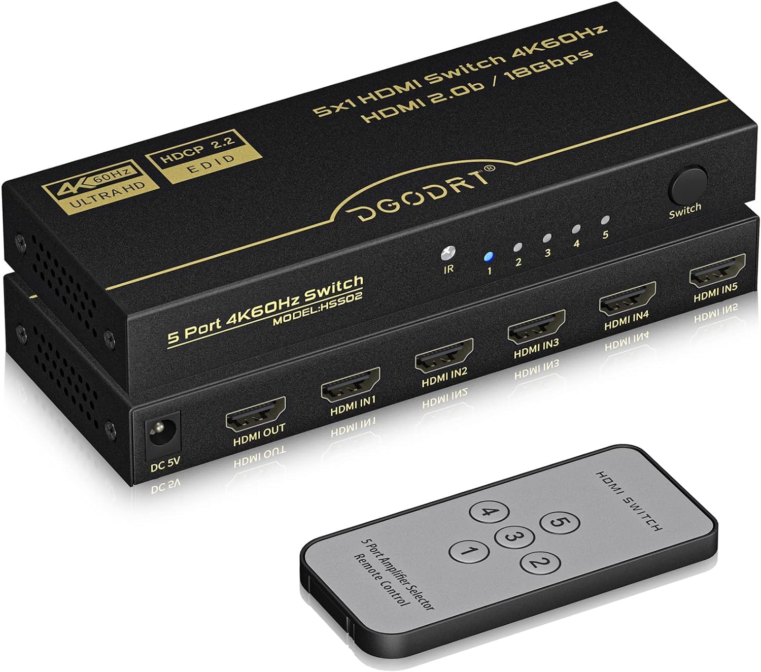 HDMI Switch 5 in 1 Out 4K@60Hz, DGODRT 5 Port HDMI Switcher Selector Box with Remote and Auto Switch, Support 3D HDR10 HDCP2.2, 5x1 Game Switcher Hub Compatible with PS5 Xbox Switch Roku Fire Stick