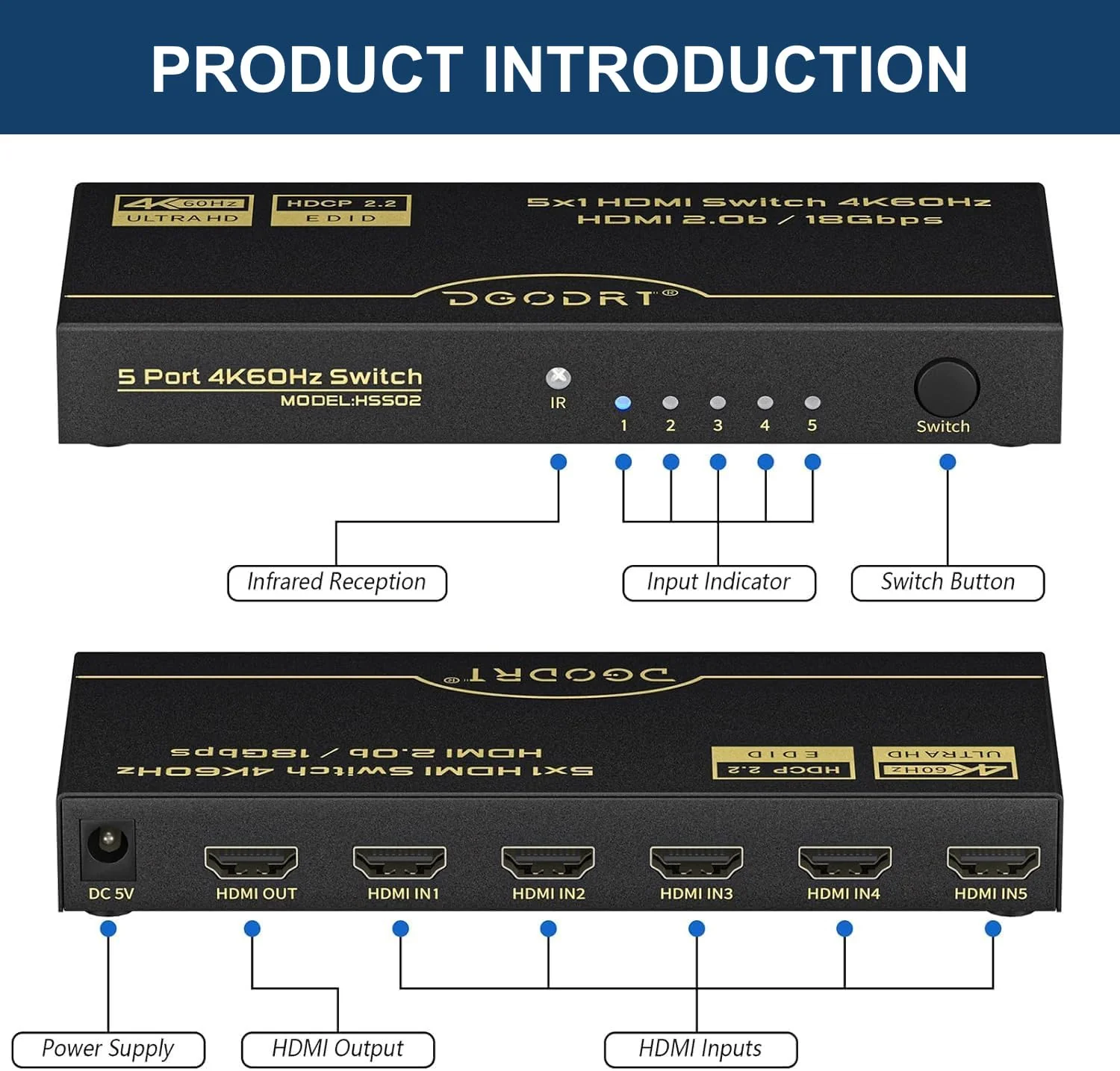 HDMI Switch 5 in 1 Out 4K@60Hz, DGODRT 5 Port HDMI Switcher Selector Box with Remote and Auto Switch, Support 3D HDR10 HDCP2.2, 5x1 Game Switcher Hub Compatible with PS5 Xbox Switch Roku Fire Stick - Image 4